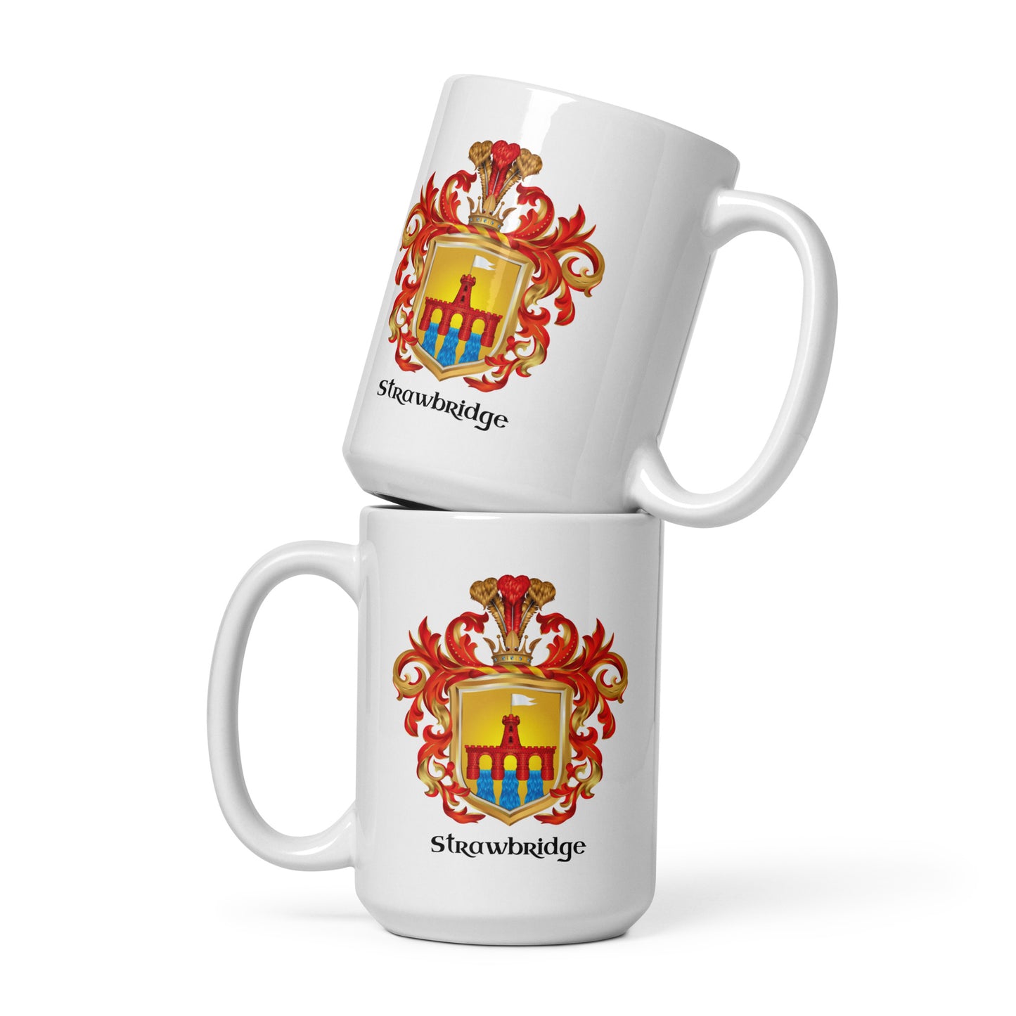 Two stacked white ceramic mugs with the Strawbridge coat of arms printed on the front, shown on a clean white background.