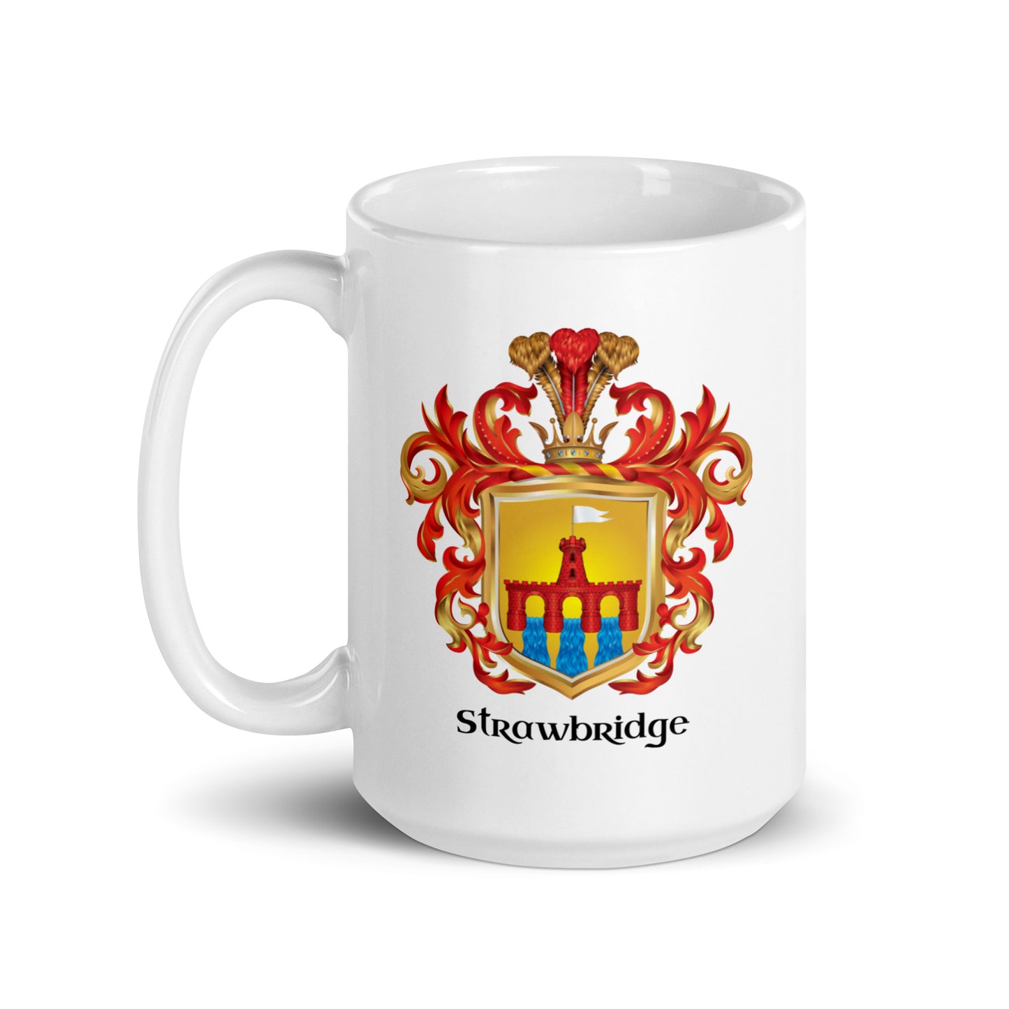 Strawbridge Family Crest mug on white background with handle to the right