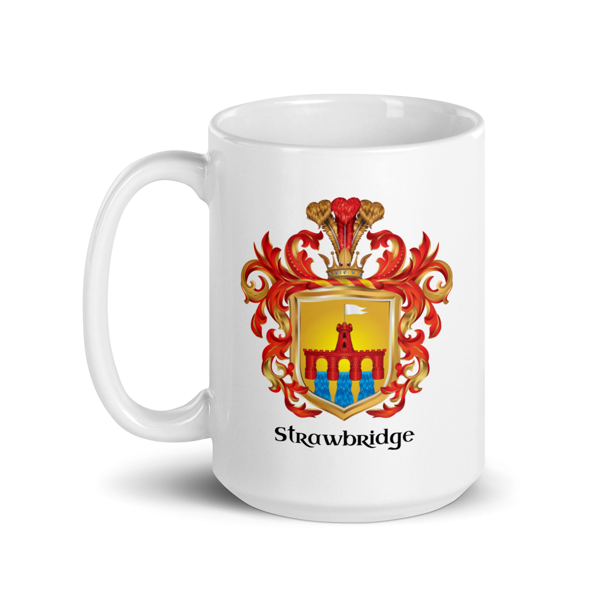 Strawbridge Family Crest mug on white background with handle to the right