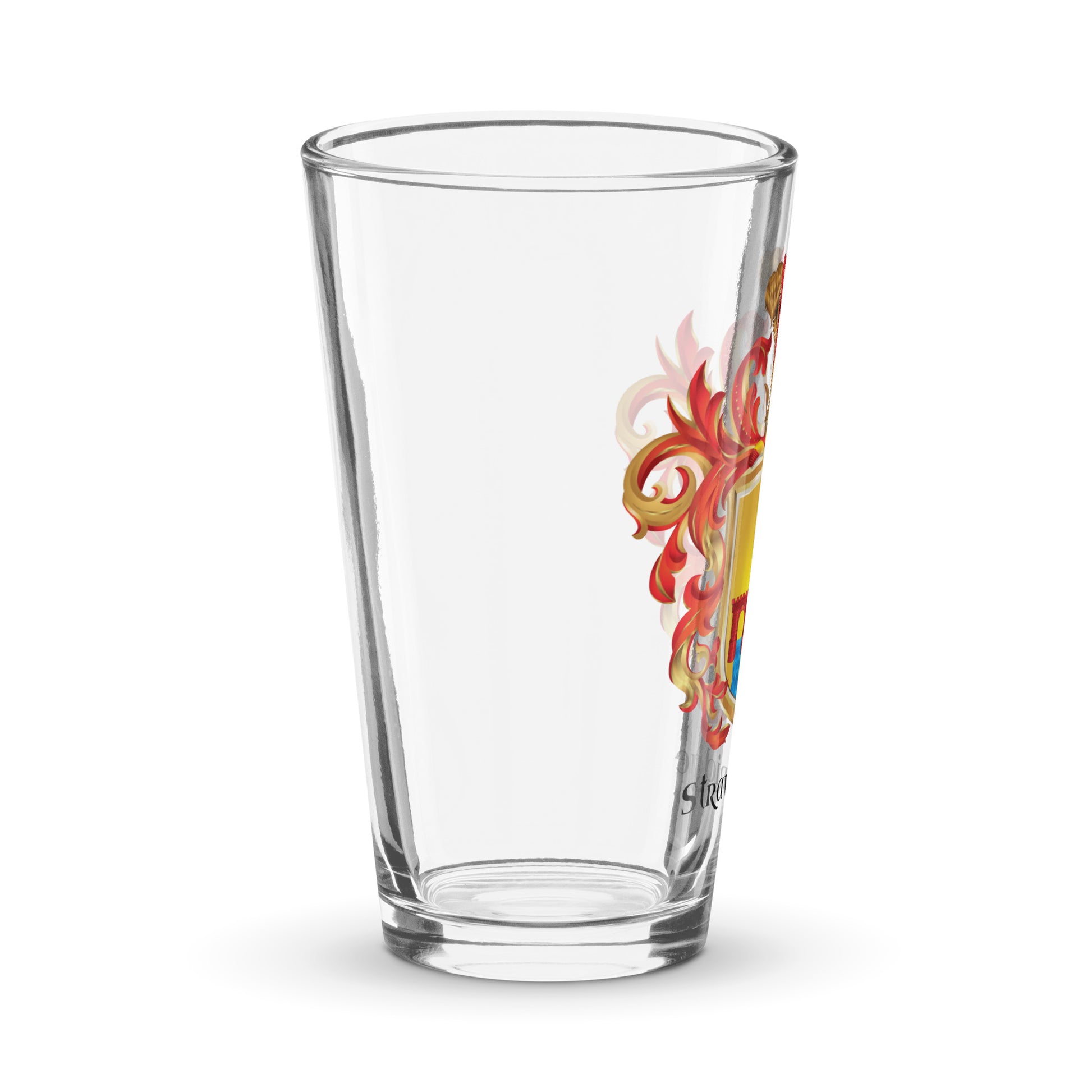 A section of Strawbridge Family Crest showing on right side of a pint glass that has one coat of arms printed on it
