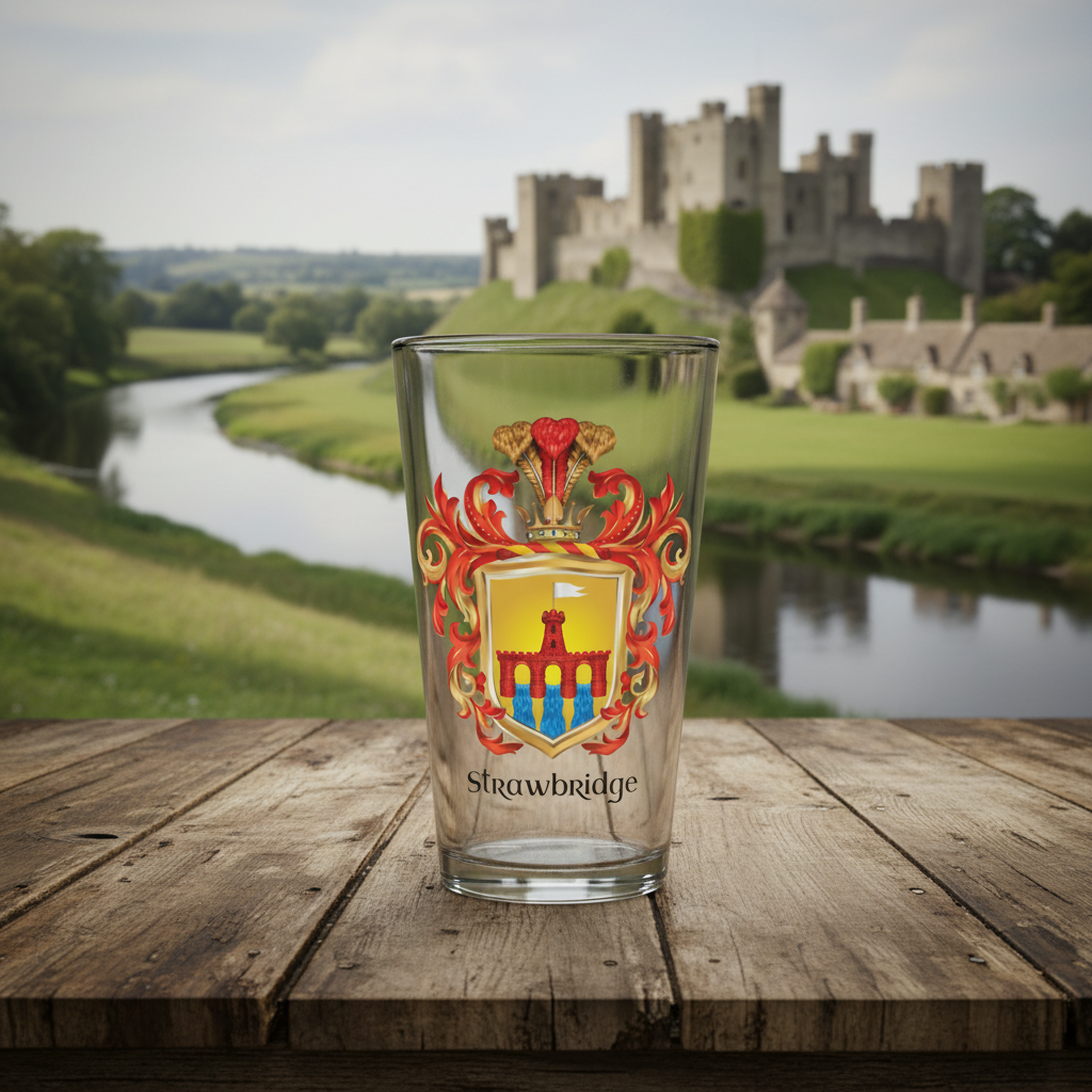 A clear pint glass featuring a printed Strawbridge Family Crest heraldic coat of arms with red, gold, and blue details, and the word 'Strawbridge' printed below in black pictured on a wooden table with a river and castle in the background.