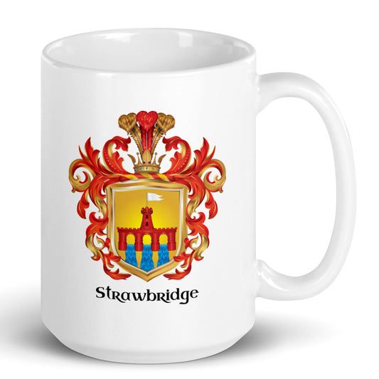 A white mug on a white background with the Strawbridge Family Crest on the front