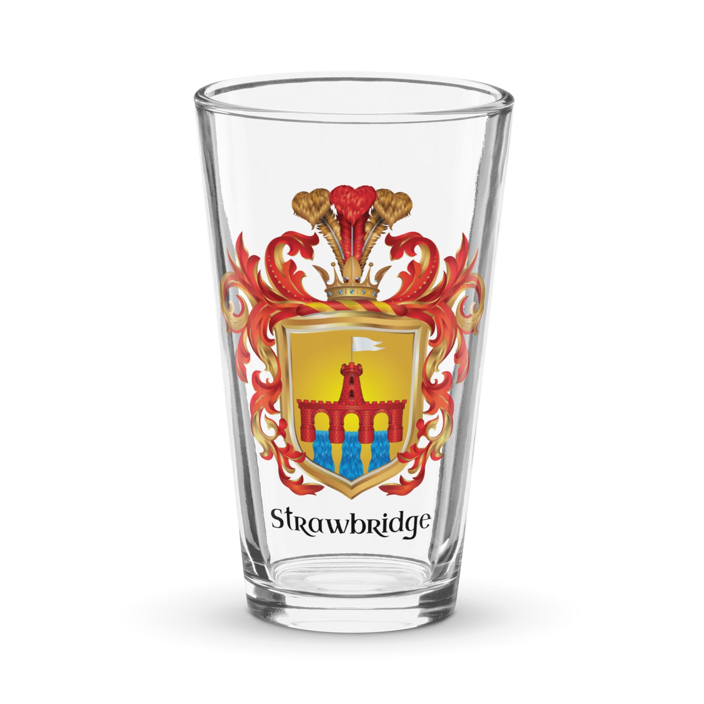 A pint glass with on a white background with the Strawbridge Family Crest on the front of the glass