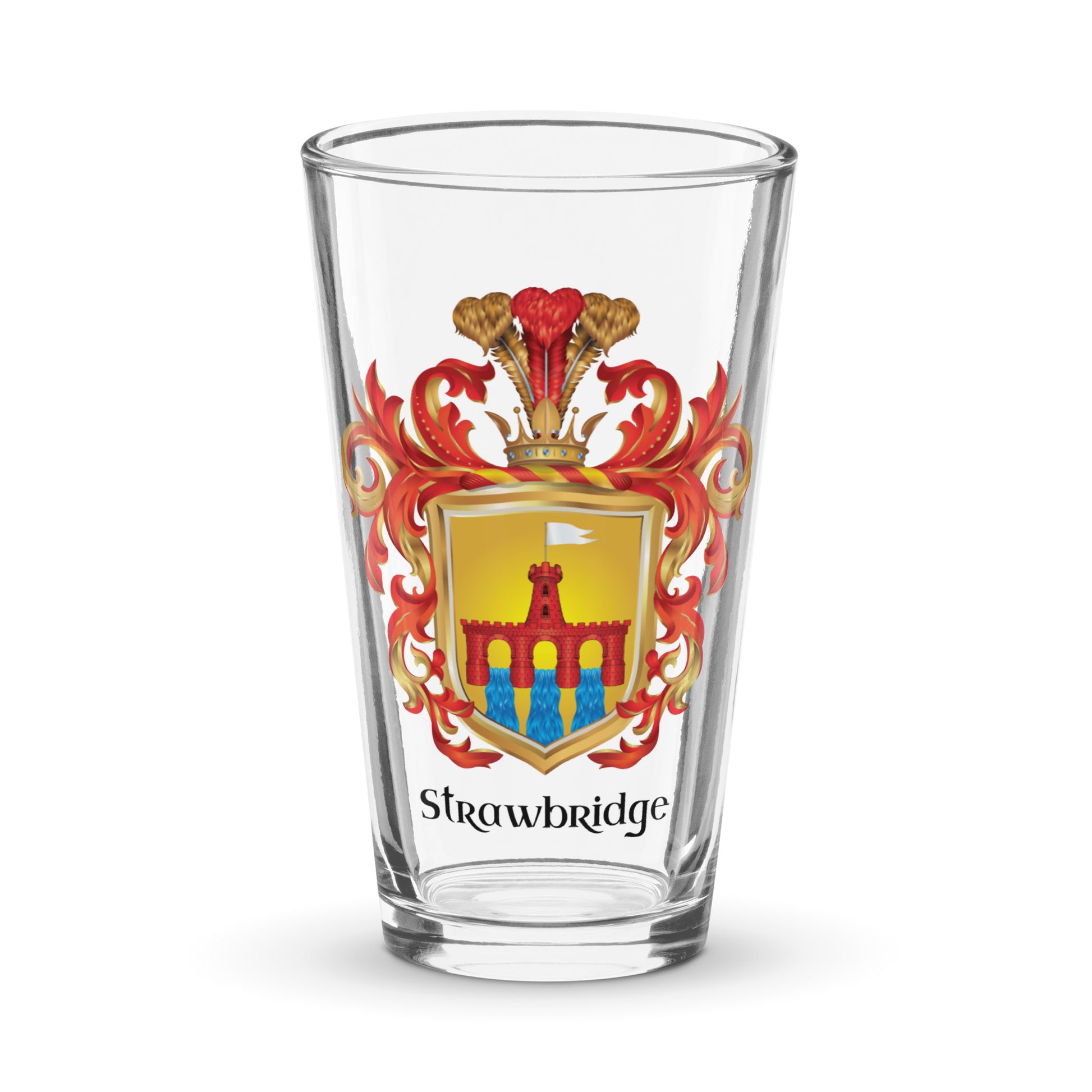 A pint glass with on a white background with the Strawbridge Family Crest on the front of the glass