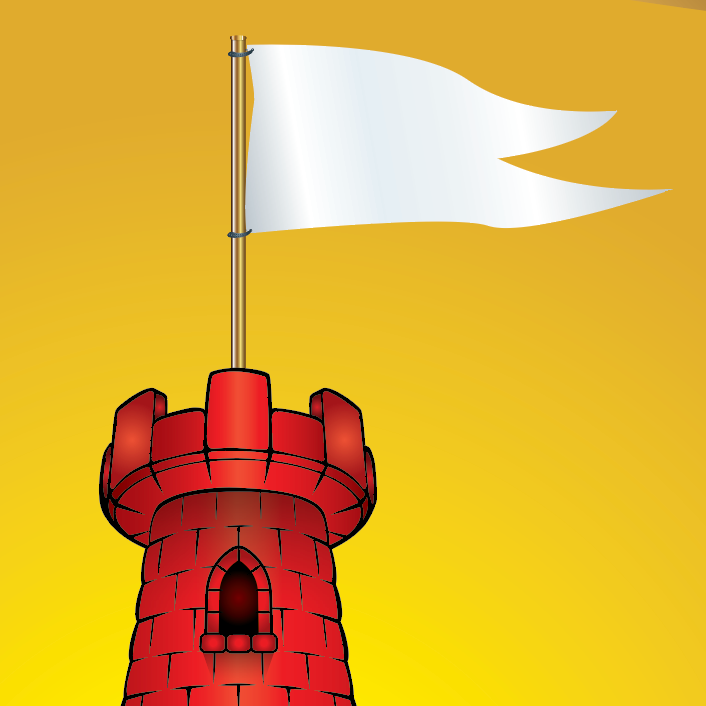Strawbridge Family Crest closeup featuring a stylized red castle tower with a white flag on a yellow gradient background.
