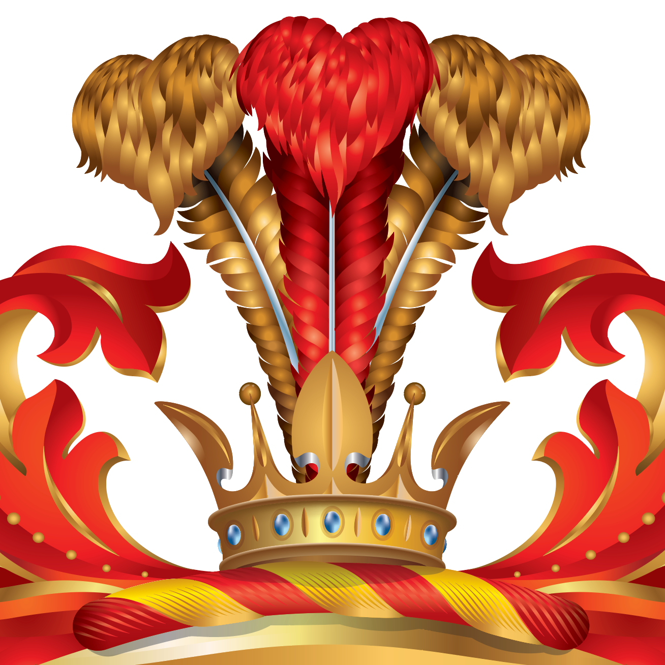 Strawbridge Family Crest closeup featuring a red feather, two gold feathers, a gold crown, and red-and-gold mantling on a white background.