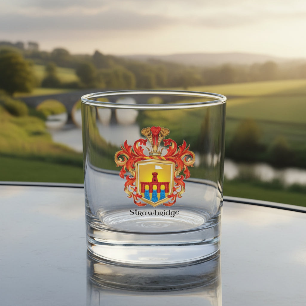 A clear glass rocks tumbler with a printed Strawbridge coat of arms crest on the front, set against a background landscape with river and bridge