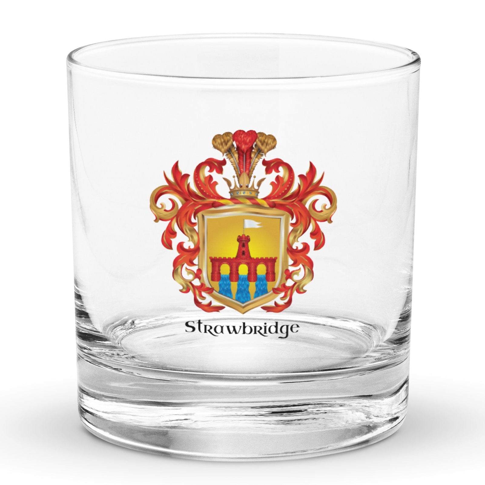A rocks glass on a white background with a Strawbridge family crest featuring a red bridge on a golden shield
