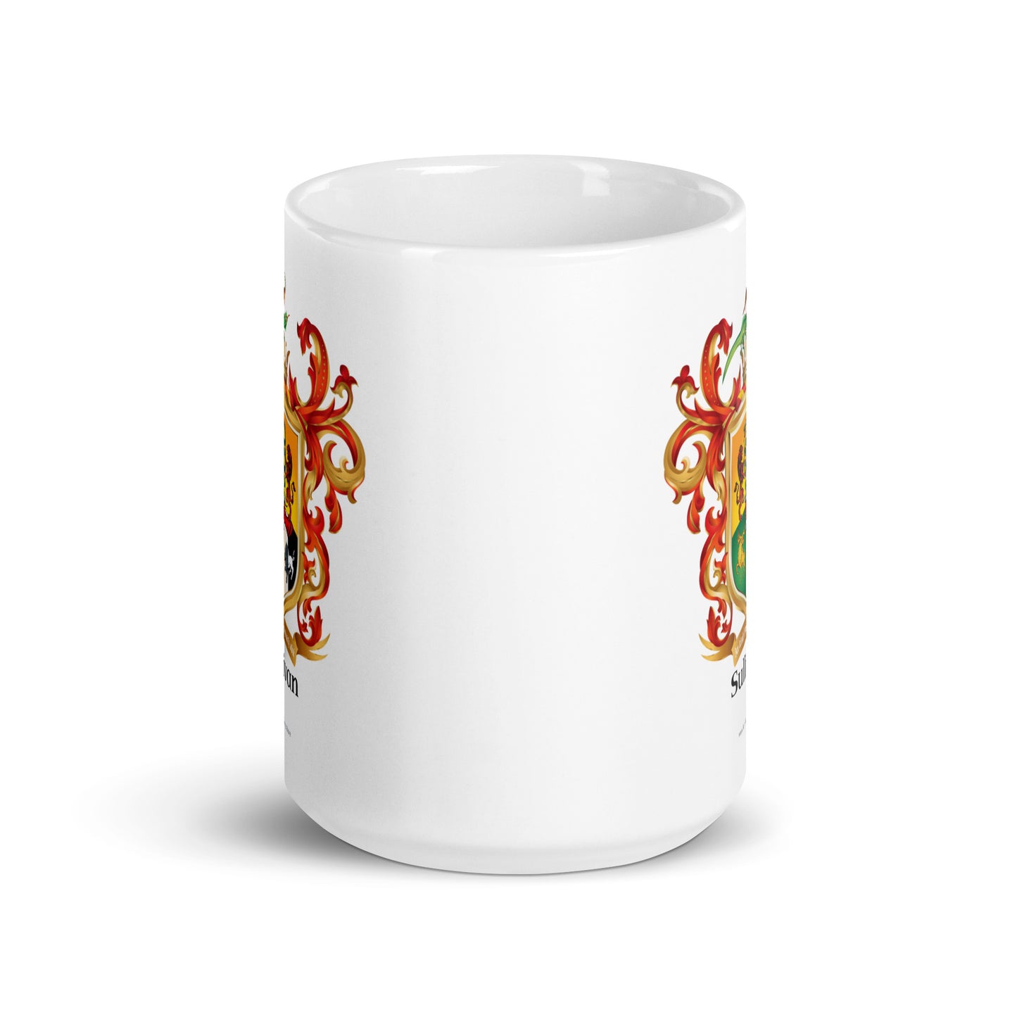 Sullivan_Family_Crest_showing on two sides of white mug