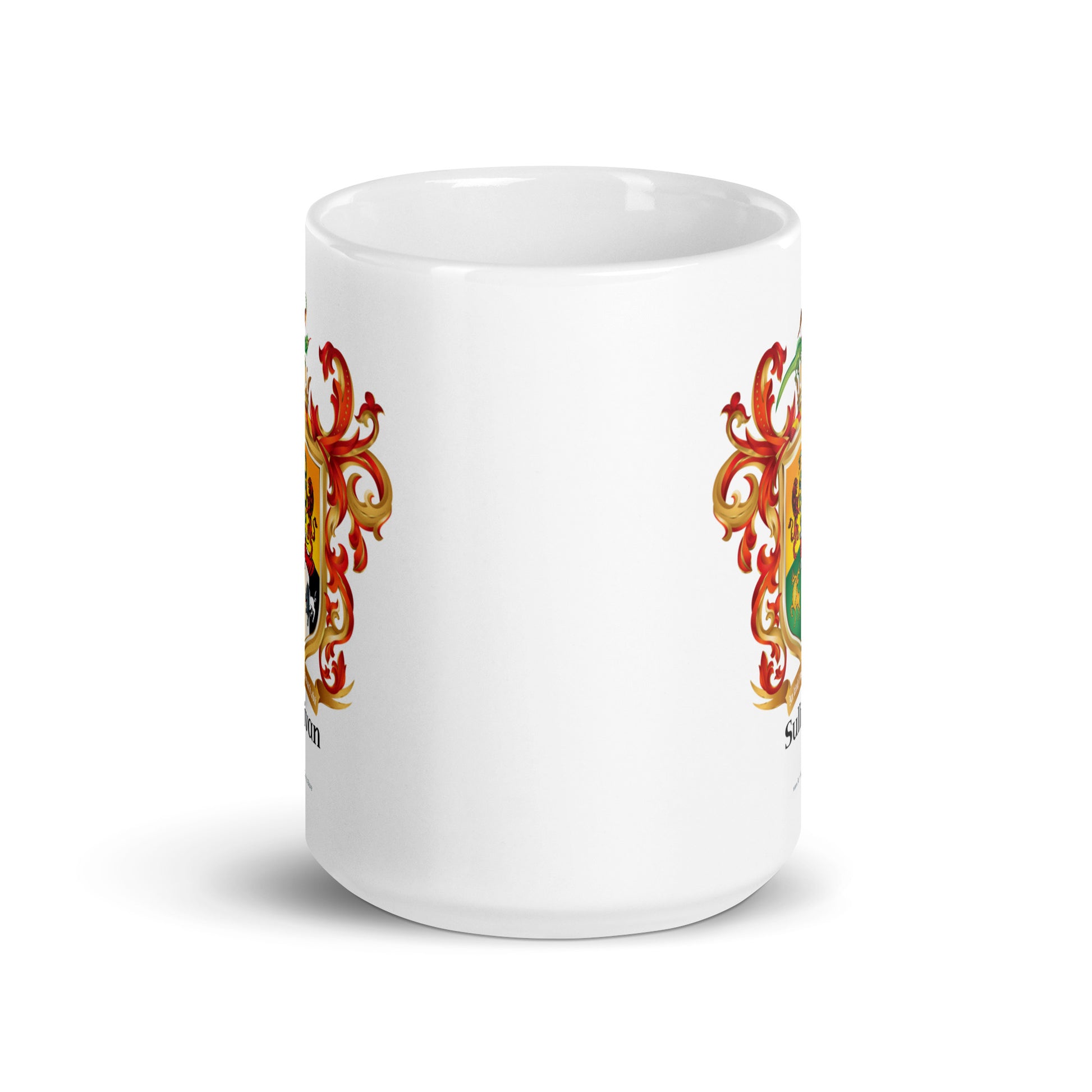 Sullivan_Family_Crest_showing on two sides of white mug