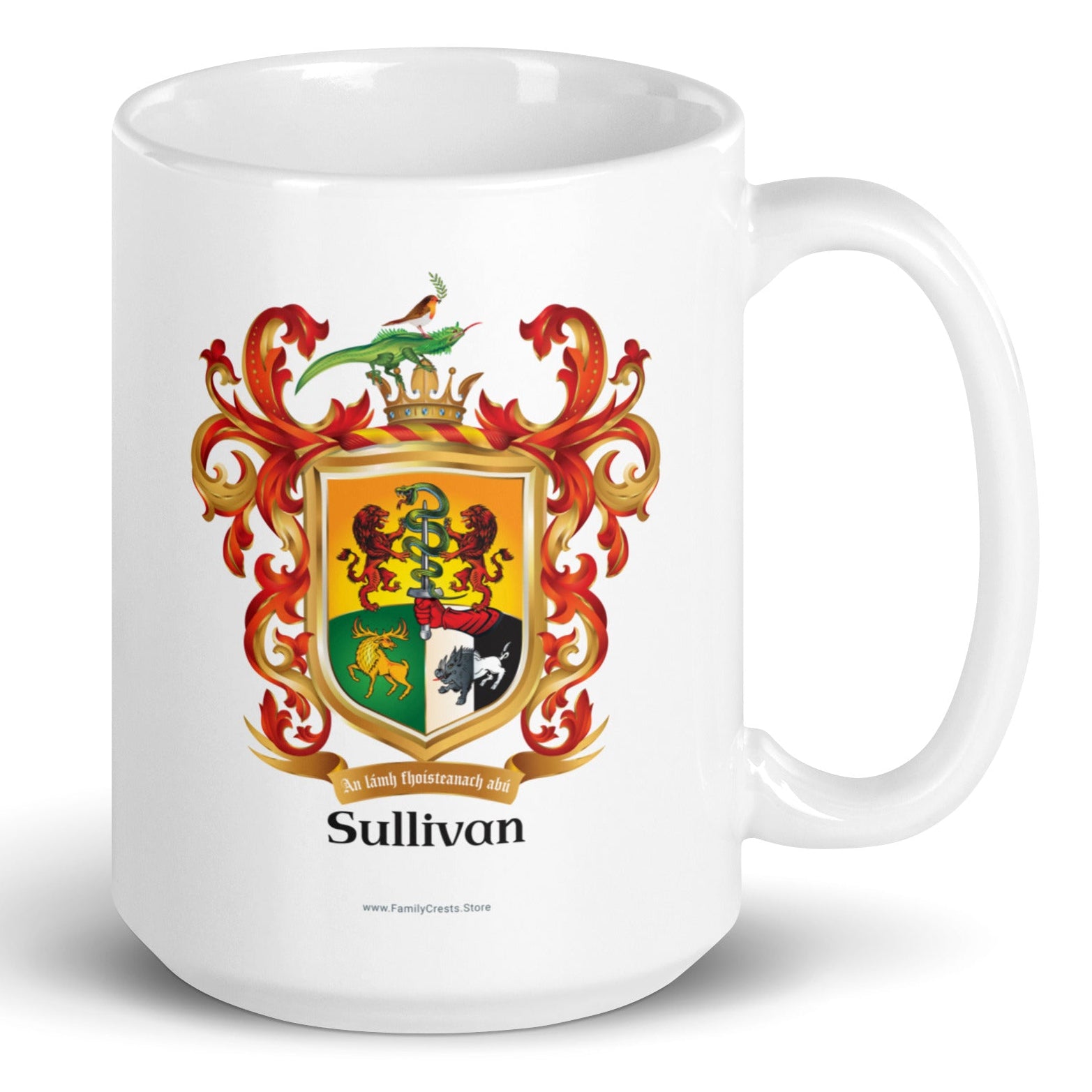A white mug with the Sullivan Family Crest on the front featuring a highly detailed shield with two red lions, a stag, a boar, a hand holding a sword with a shake and above the shield on the crest a robin bird standing on a green lizard standing on a crown.