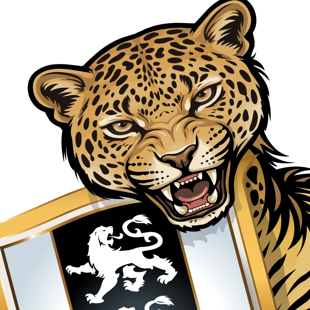 Detailed close up of Taylor family crest showing a leopard with a shield that has lions on it