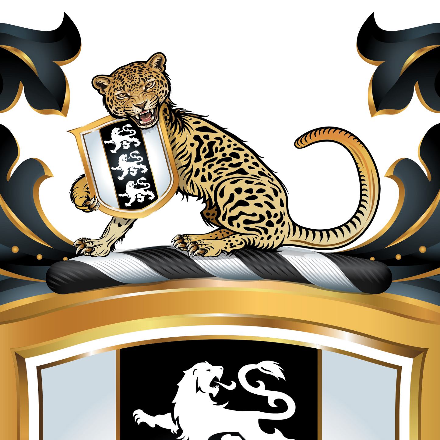 Detailed close up of Taylor family crest with a leopard holding a shield featuring 3 lions