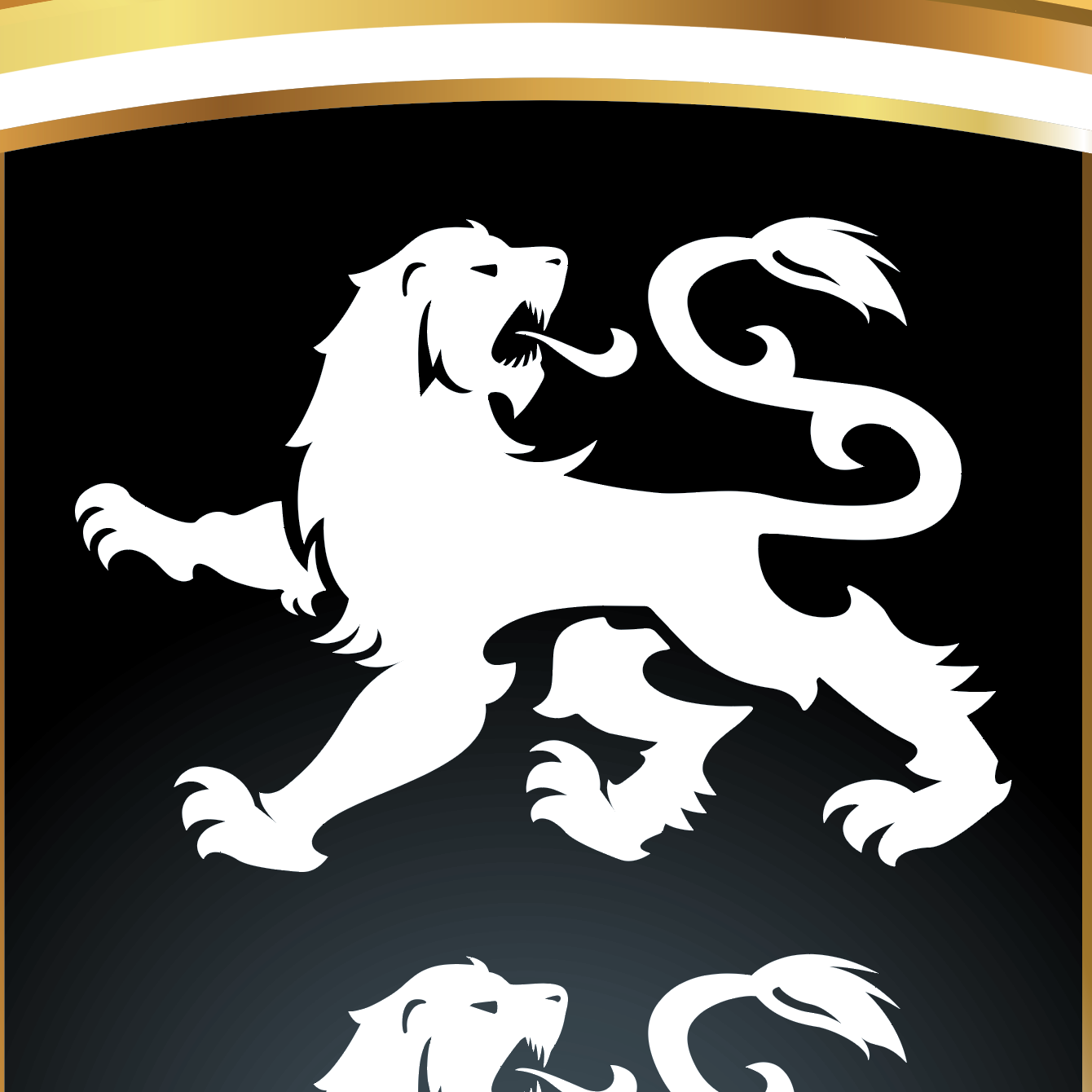 Detailed close up of Taylor family crest showing a white lion on a black background with gold border