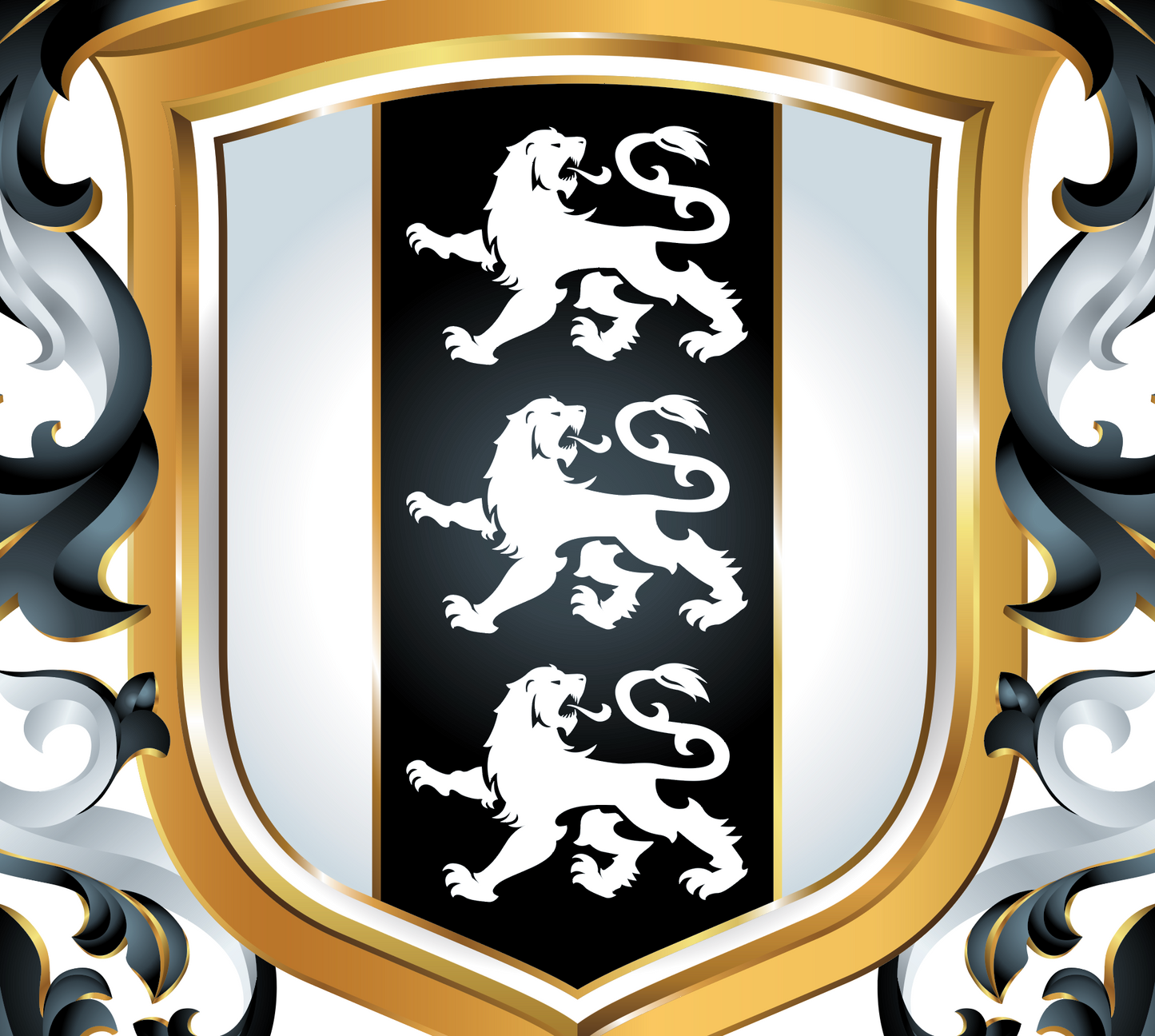 Detailed close up of Taylor family crest showing a coat of arms with three white lions on a black background, surrounded by gold and black ornate border mantling.