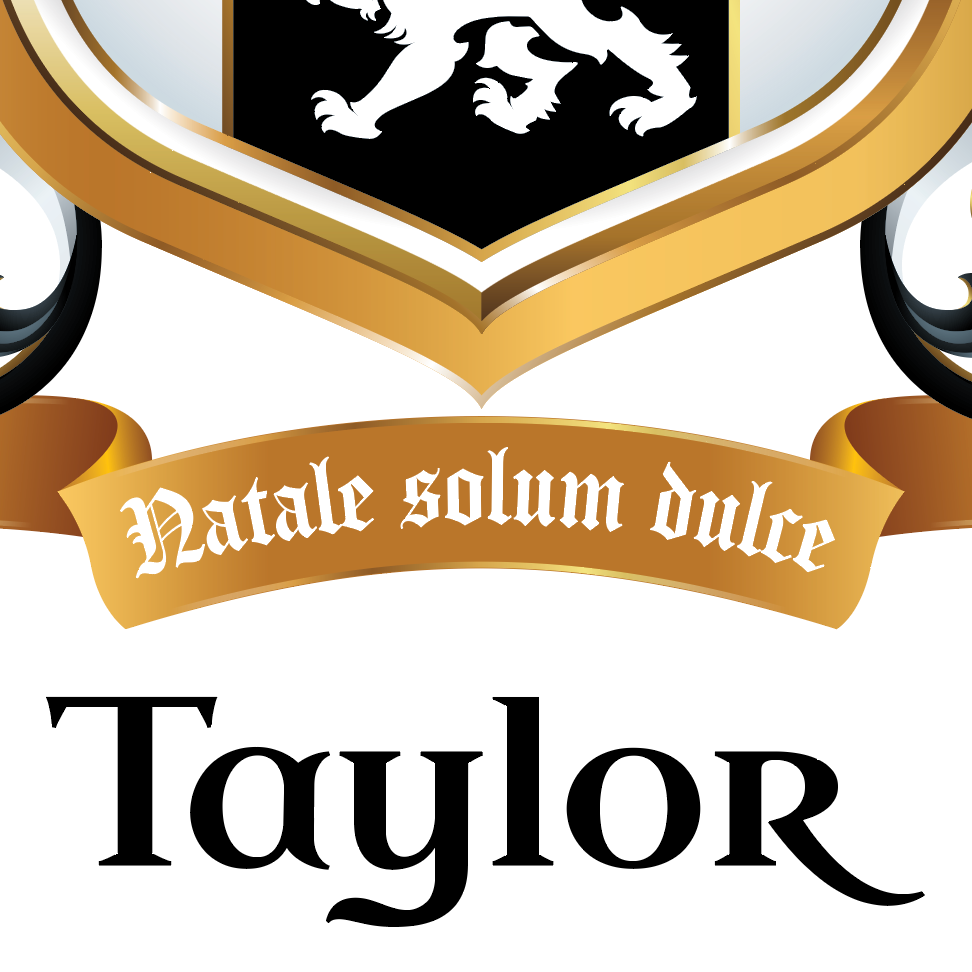 Detailed close up of Taylor family crest showing a coat of arms motto  and 'Taylor' text in black letters on a white background