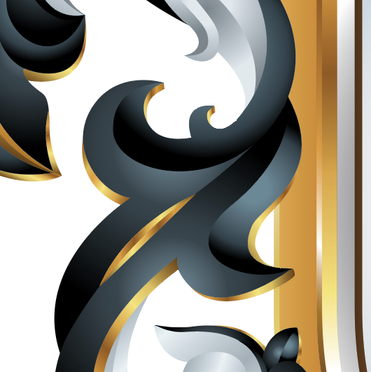 Detailed close up of Taylor family crest showing decorative mantling with black, white, and gold elements on a white background