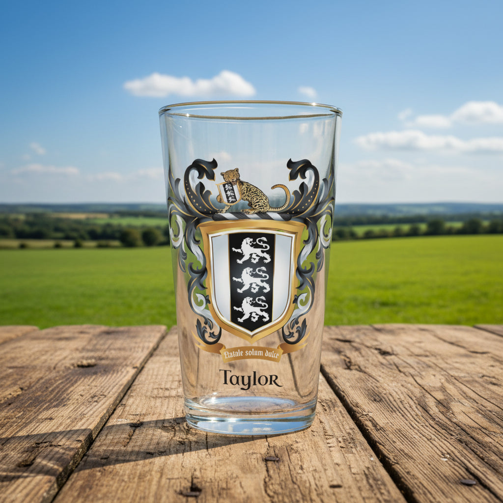 Clear pint glass with Taylor family crest and the name 'Taylor' in black text below the shield that has 3 white lions on a black and white shield, the glass is on an old wooden table top with green fields and a blue sky background 