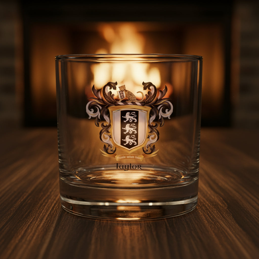 Clear whiskey rocks glass with a family crest and 'Taylor' name on a wooden table with a fireplace glowing in the background