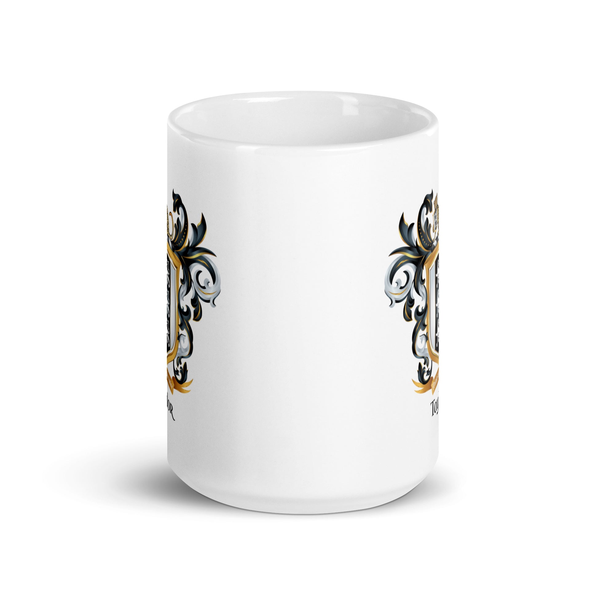 Taylor family crest on two sides of white mug