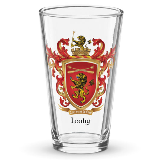 Leahy Family Crest pint beer glass with a standing gold lion on a red shield-Family Crests Store