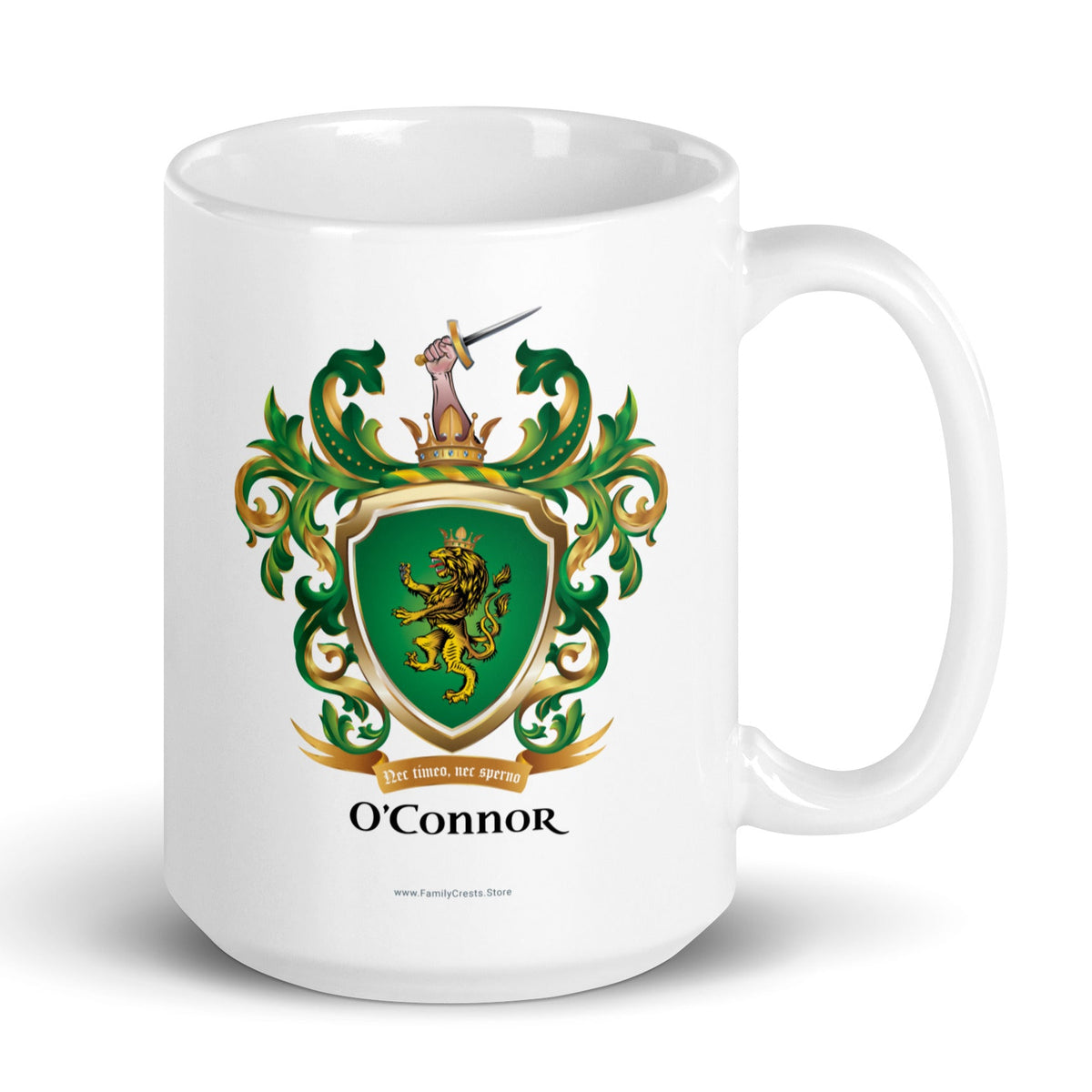 The O’Connor Family Crest mug - with the double-tailed crowned lion on a whote mug shown on a whote backgrouned