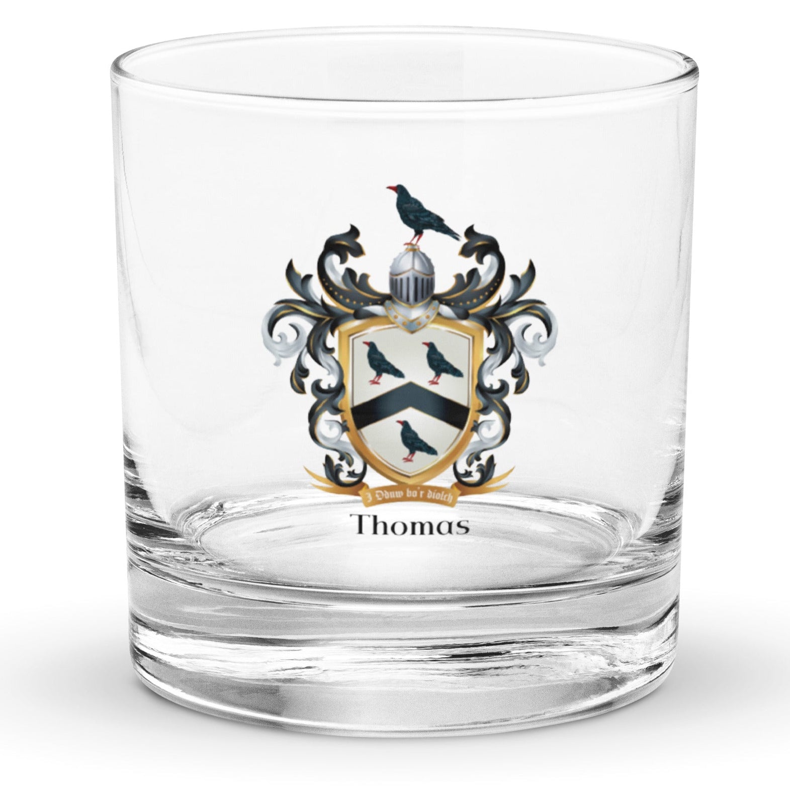 Clear Thomas Family Crest design on a Rocks Glass on a white background