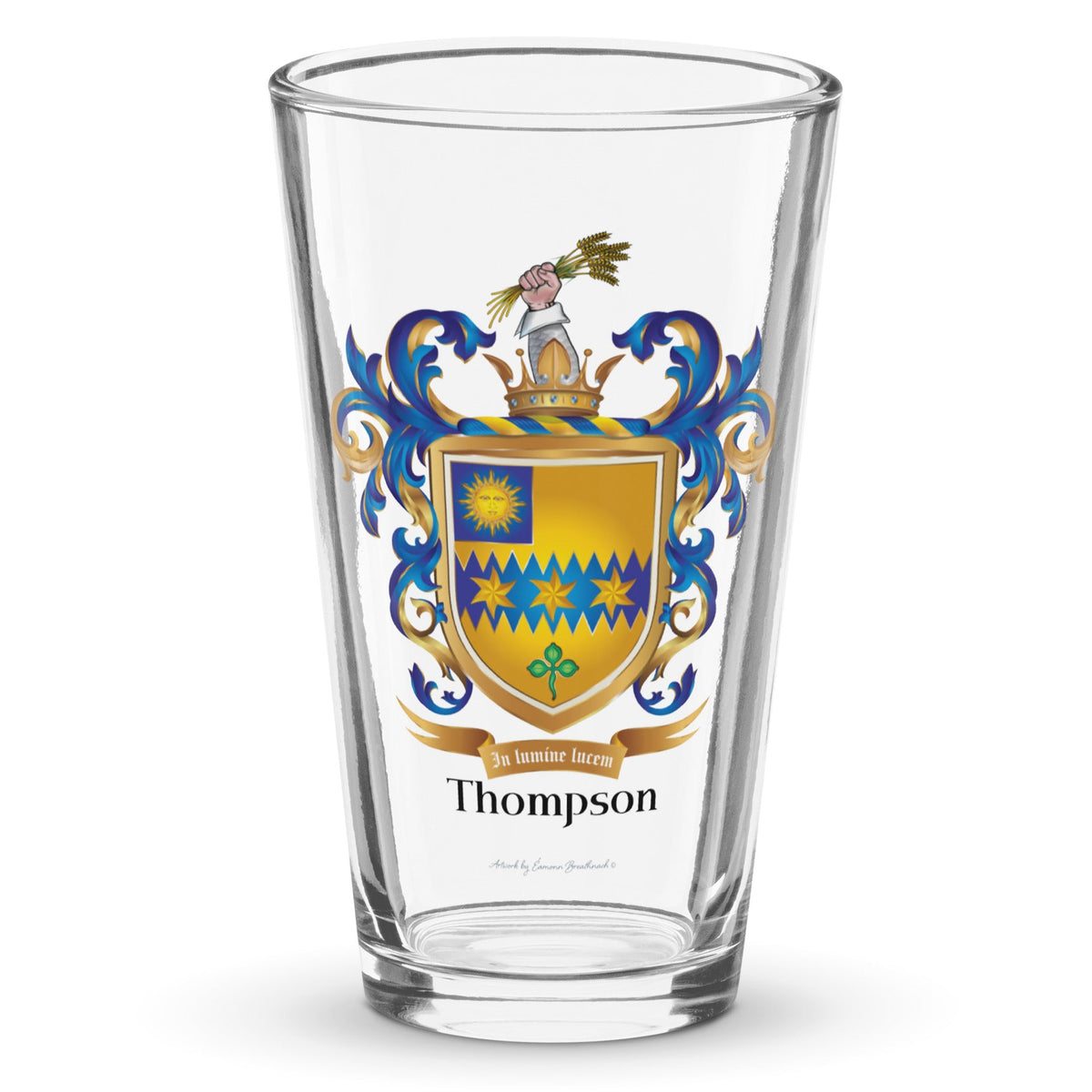 Thompson Family Crest on a pint beer glass on a white background