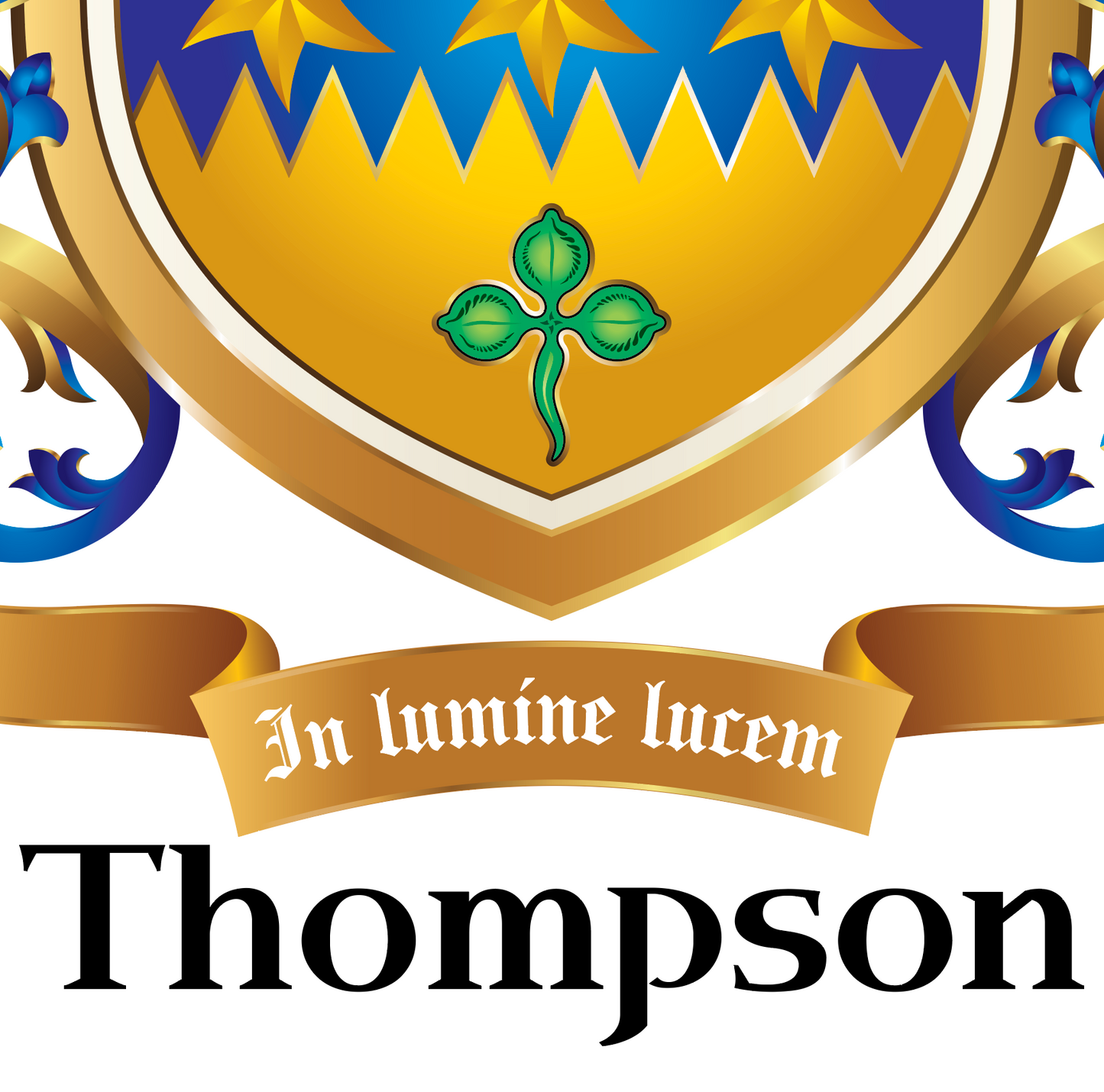 Thompson Family Crest coat of arms with a gold shield, blue decorative elements, and a green clover symbol, featuring the Thompson motto below.