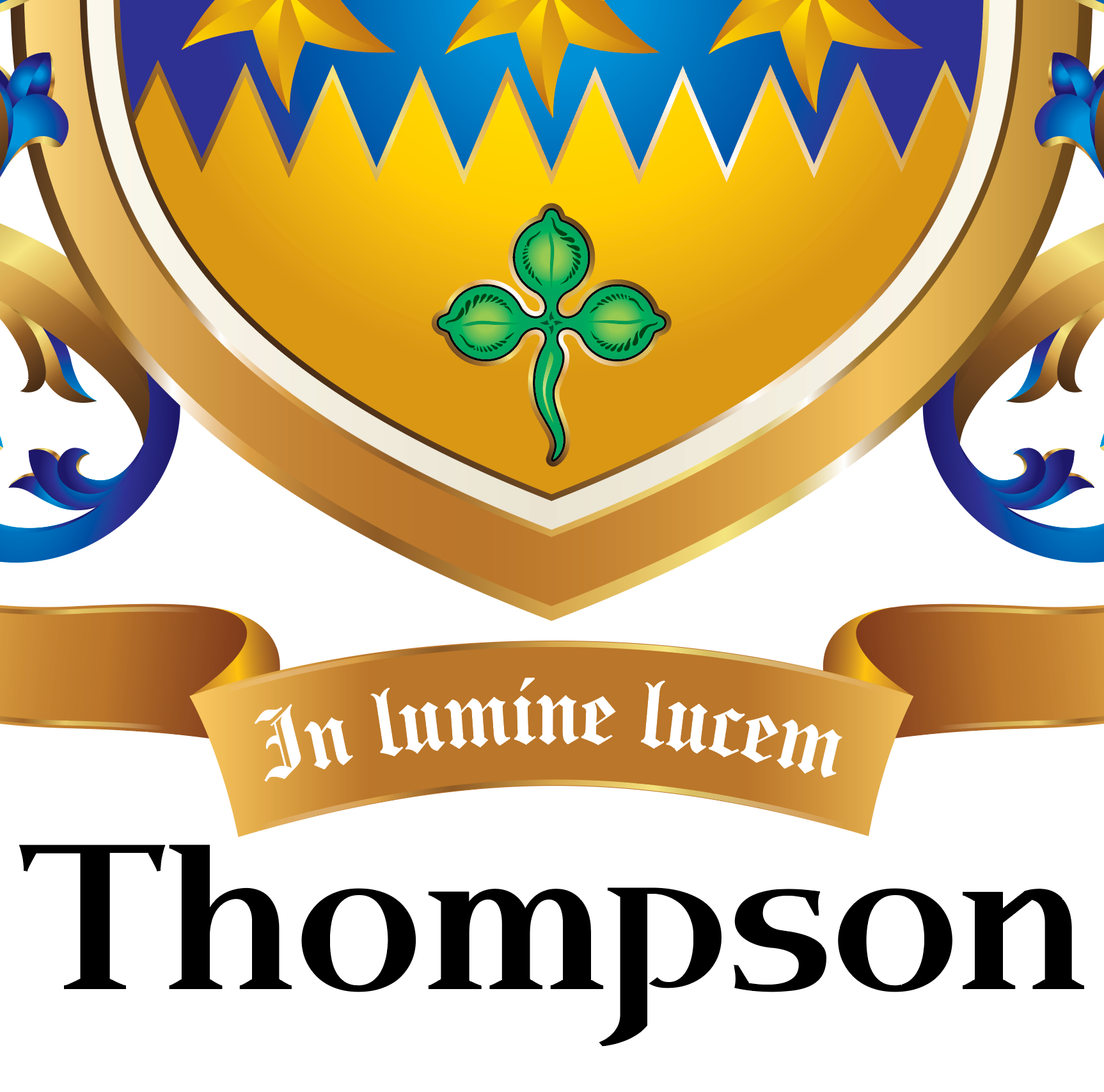 Thompson Family Crest coat of arms with a gold shield, blue decorative elements, and a green clover symbol, featuring the Thompson motto below.