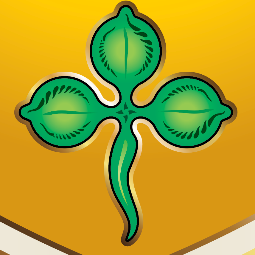 Closeup detail of Thompson Family Crest showing a green shamrock symbol on a gold background