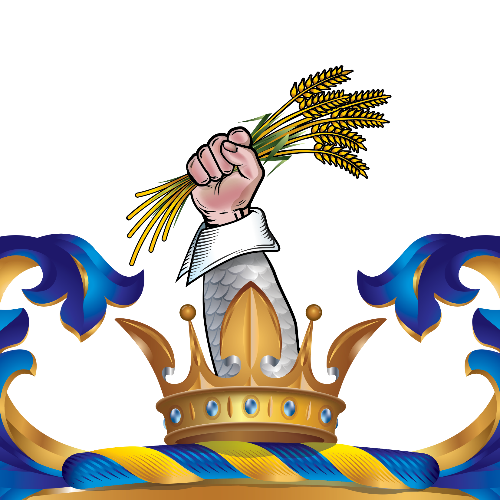 Closeup detail of Thompson Family Crest showing Illustration of a hand holding wheat stalks above a crown with decorative elements on a white background