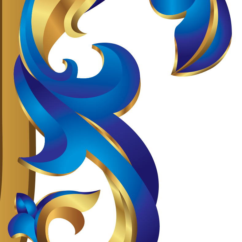 Closeup detail of Thompson Family Crest showing decorative blue and gold swirly design on a white background