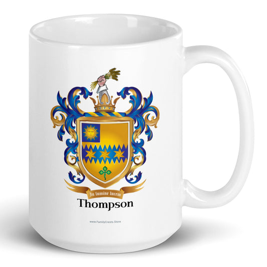White mug with the Thompson Family Crest on a white background