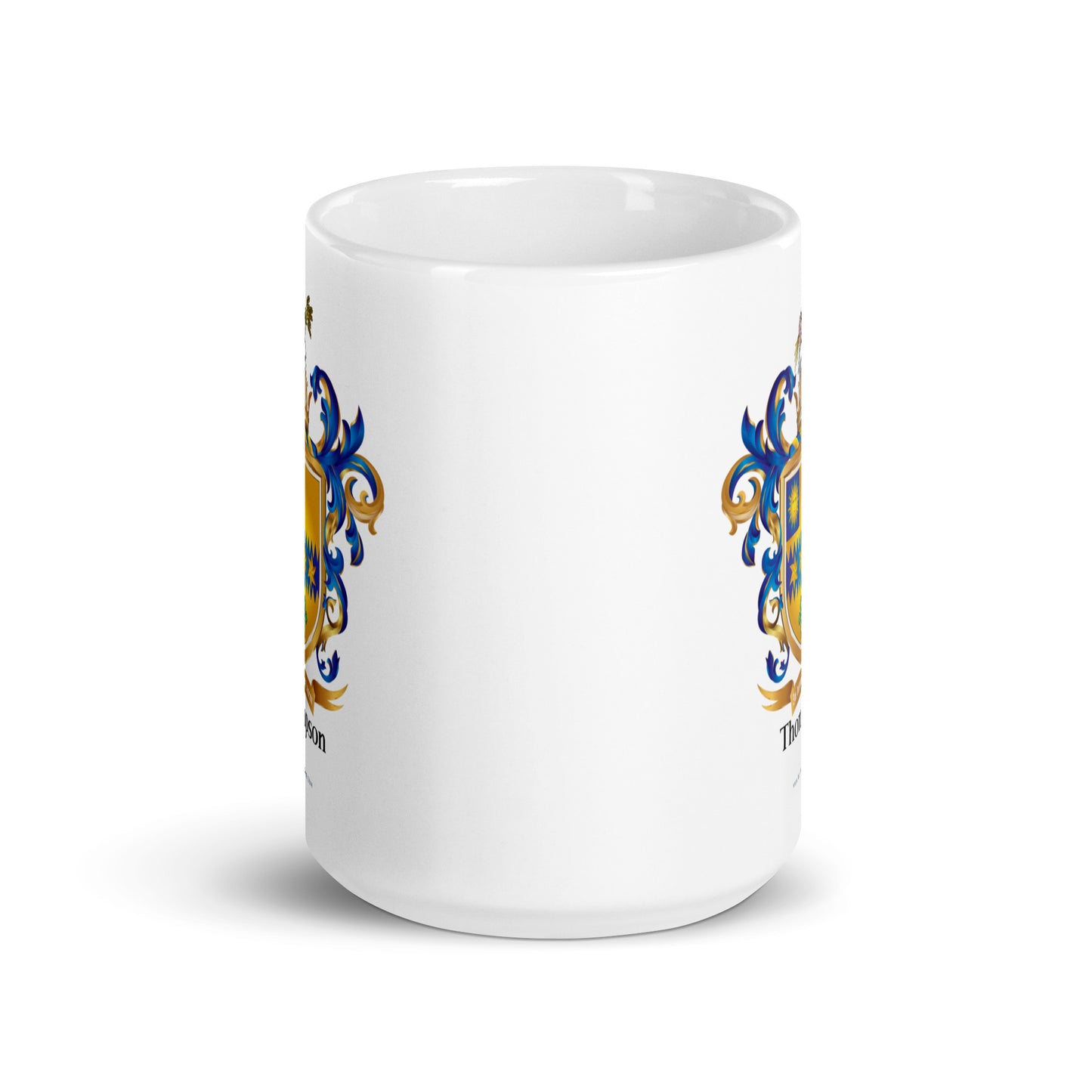 White mug with the Thompson Family Crest appearing left and right to show it gets printed twice and this mug is on a white background