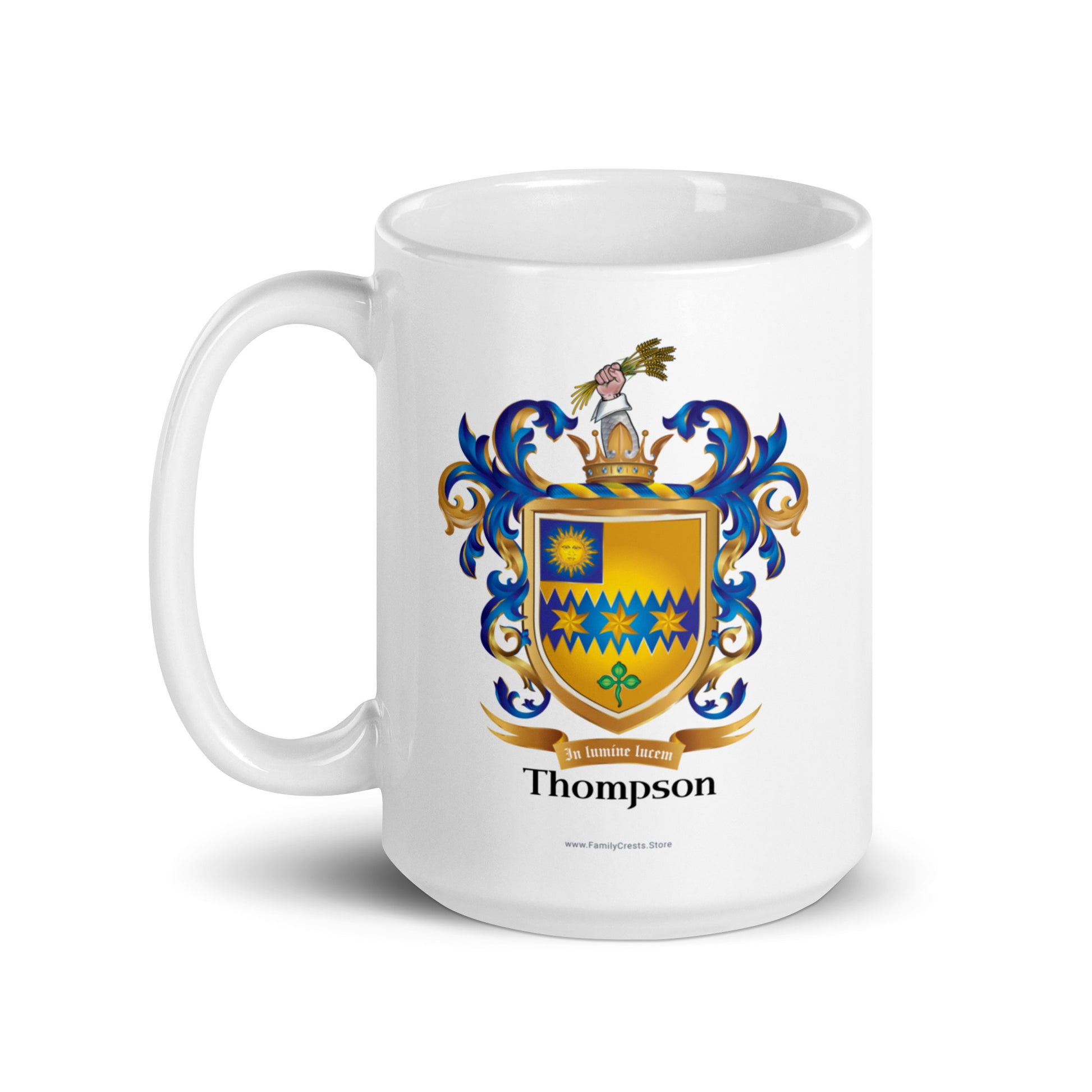 White mug with the Thompson Family Crest on a white background handle at left