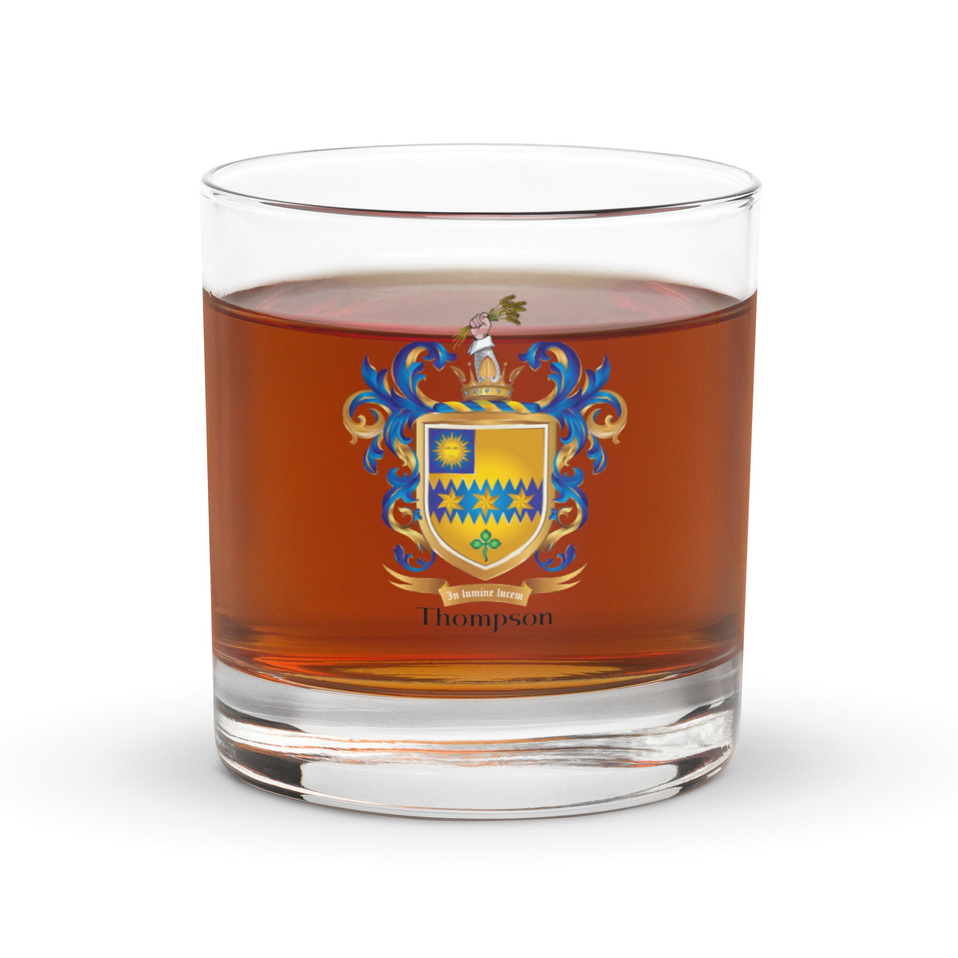 Glass of whiskey with a coat of arms emblem and 'Thompson' text on a white background