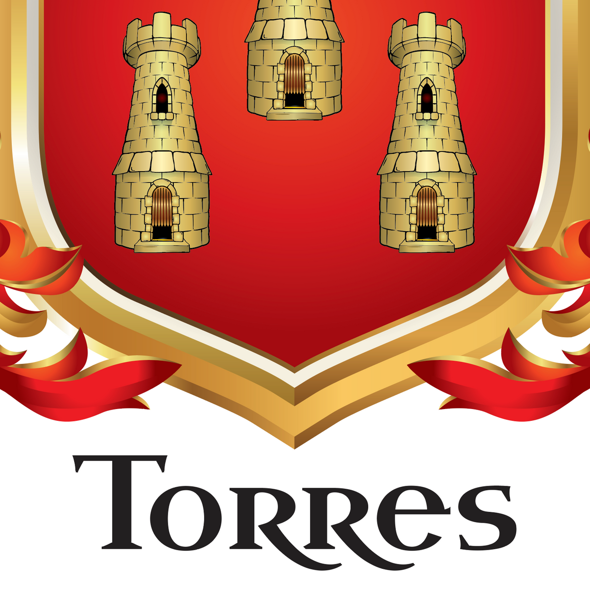 A closeup of the Torres family crest featuring the stylised heraldic typography of the name 'TORRES' set on a white background. 