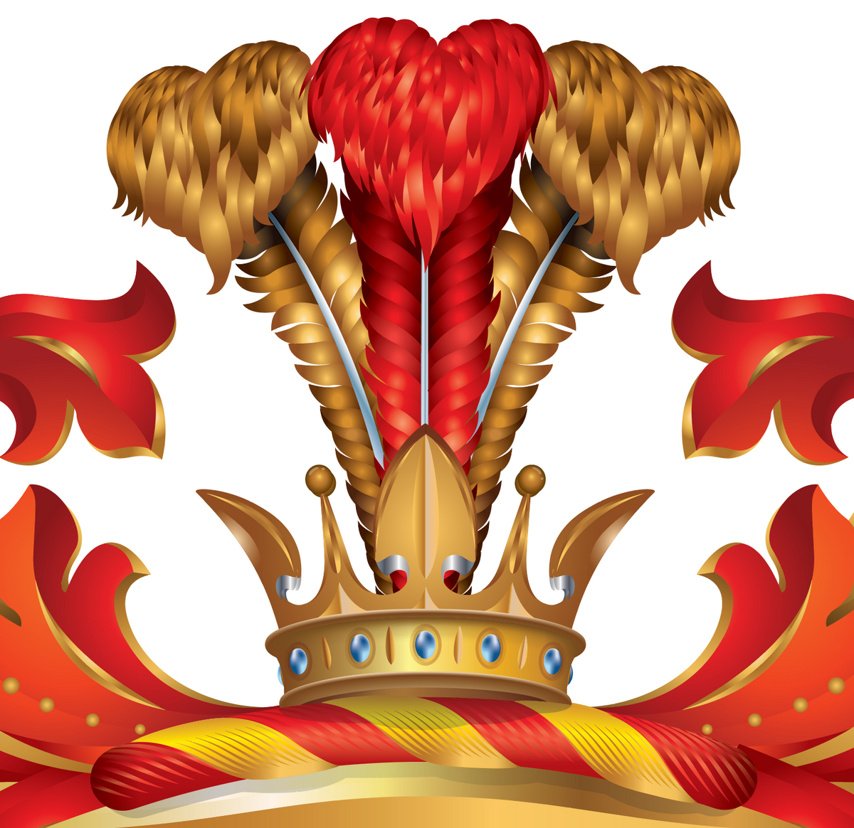 A closeup of the Torres family crest featuring a gold crown with ostrich feathers on the crest of the shield on a plain white background.
