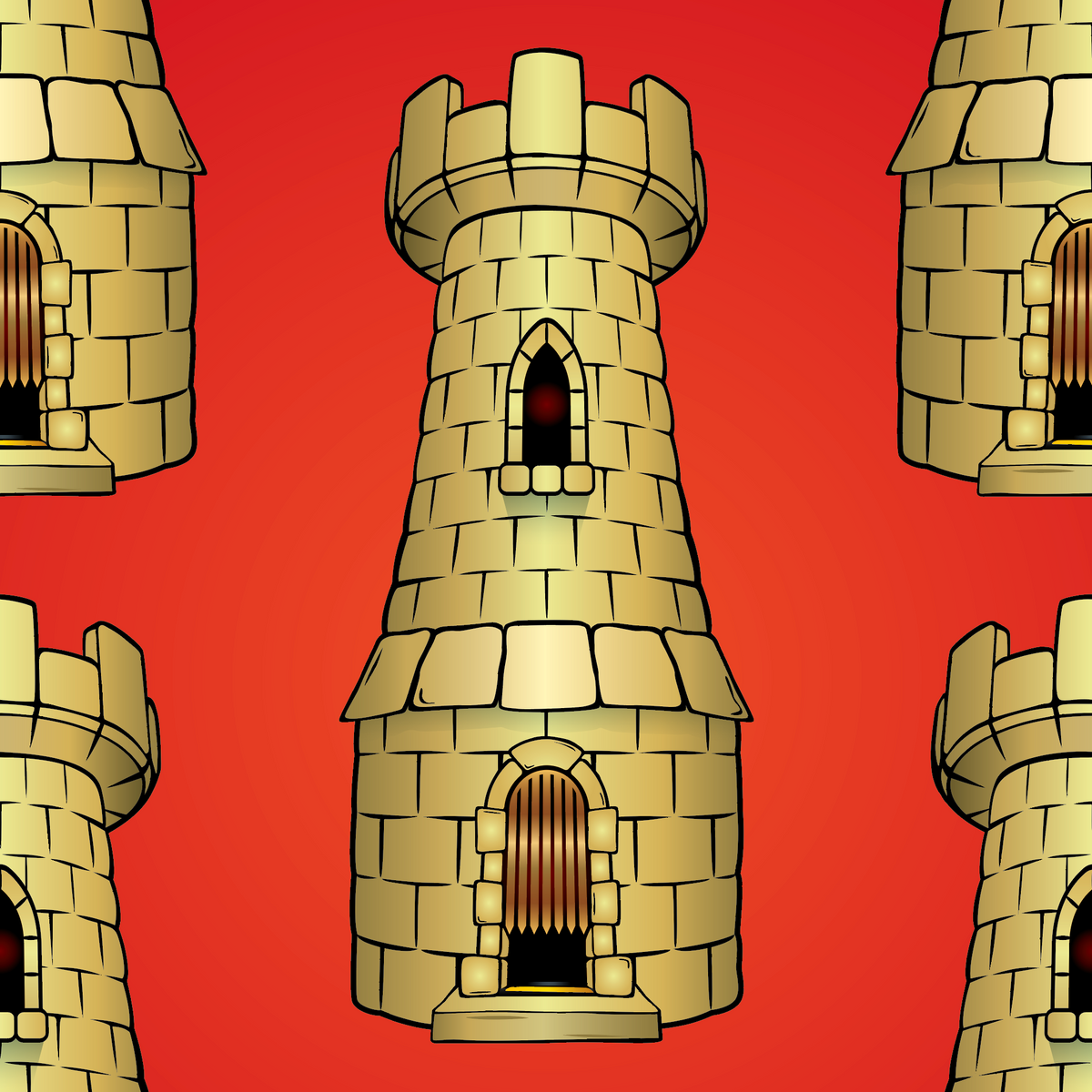 A closeup of the Torres family crest featuring medieval stone towers with arched windows, shown in gold tones on the solid red background of the shield.