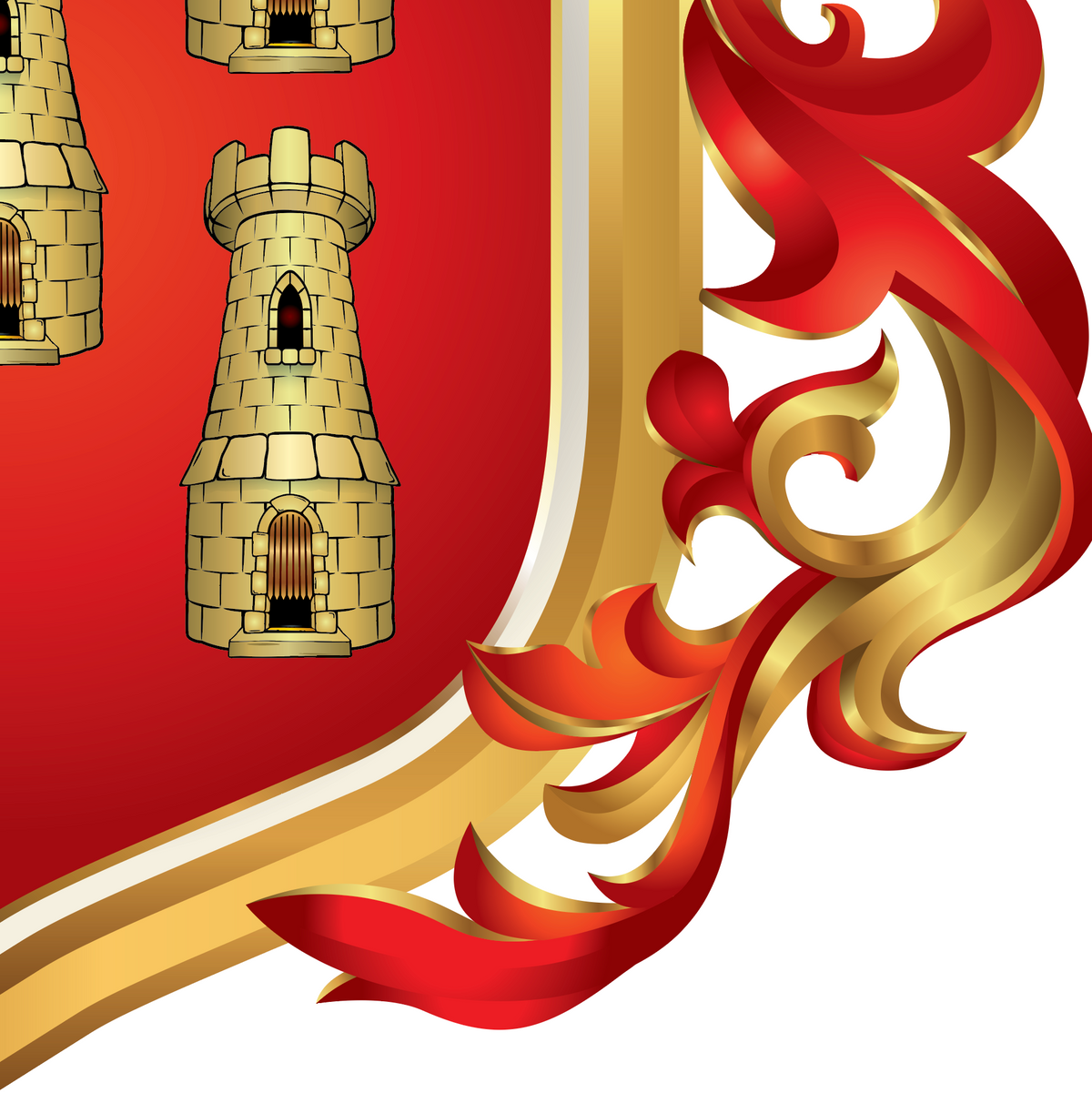 A closeup of the Torres family crest featuring red and gold ornamental scrollwork, plus part or the towers on the left side, shown on a white background.