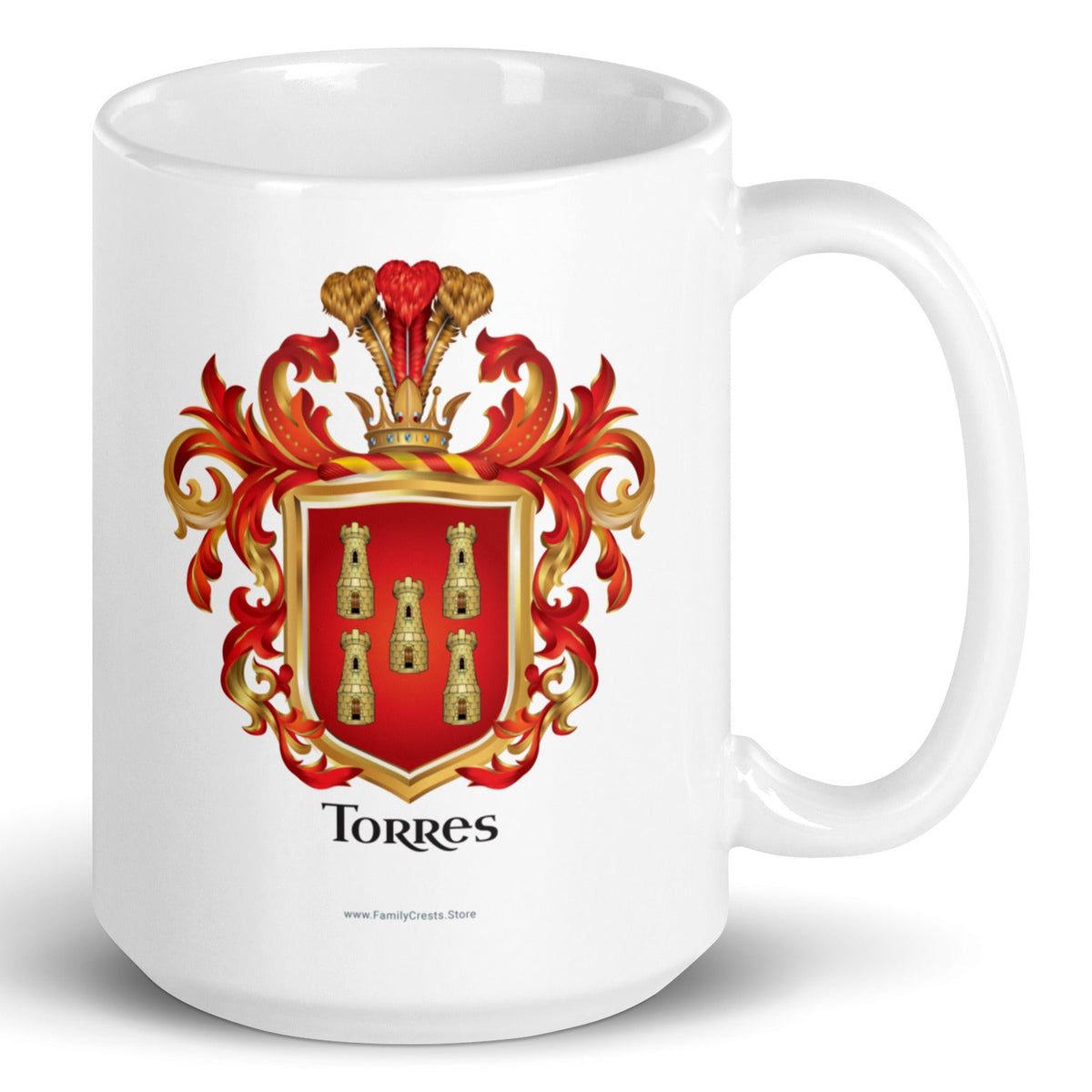 A white mug on a white background with the Torres Family Crest featuring 5 gold towers on a red shield printed on it.