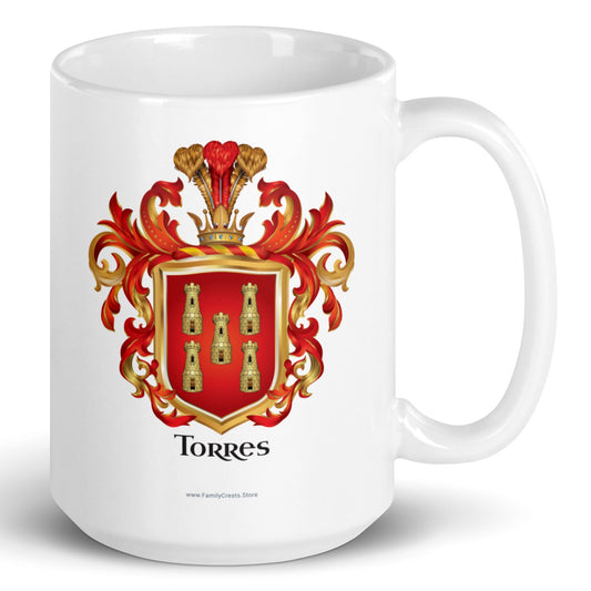A white mug on a white background with the Torres Family Crest featuring 5 gold towers on a red shield printed on it.
