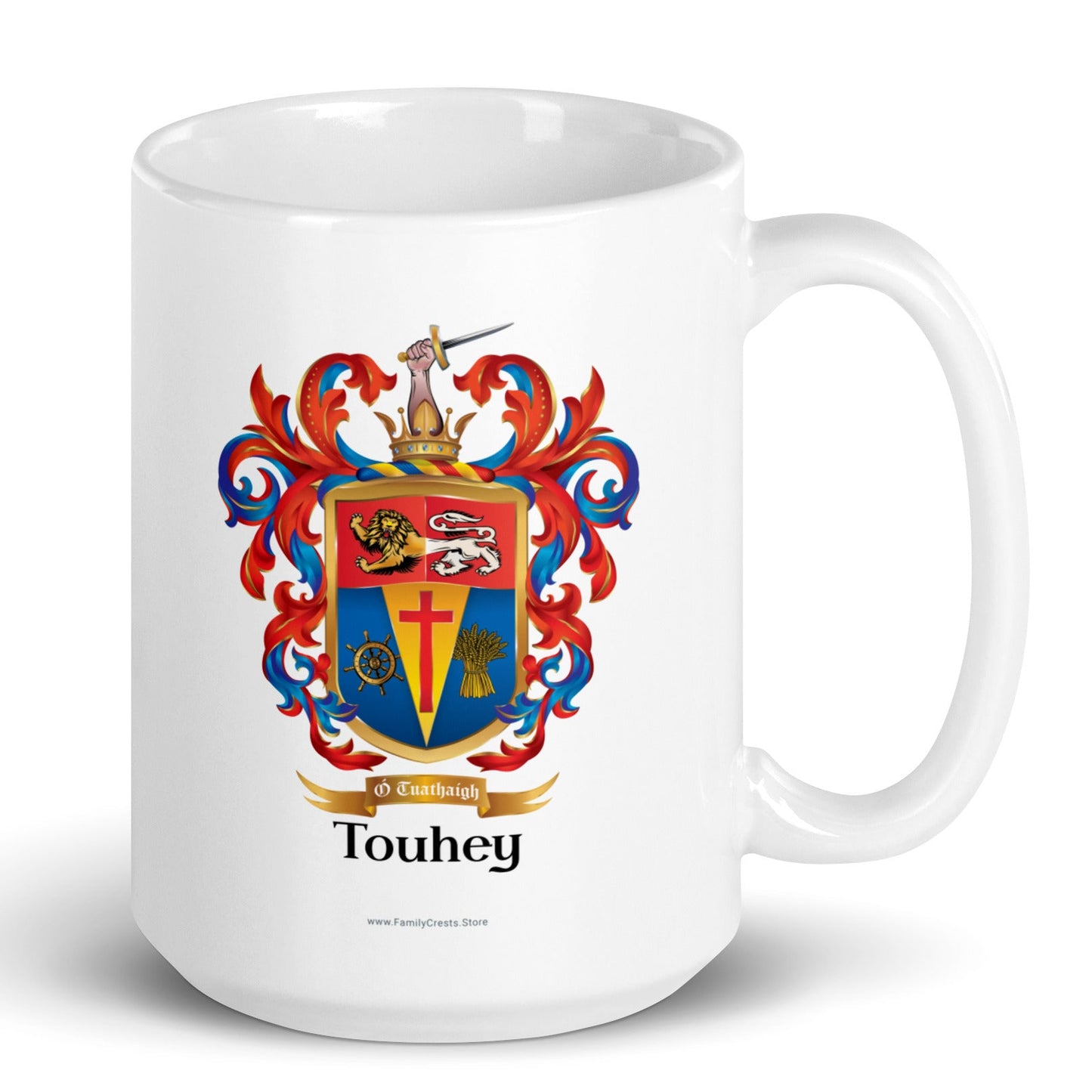 A white mug with a Touhey family coat of arms 