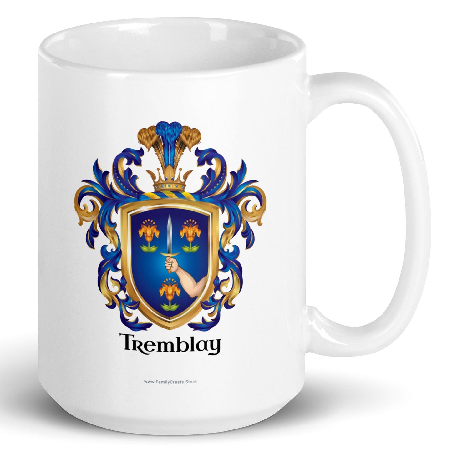 White mug with Tremblay Family Crest on a white background