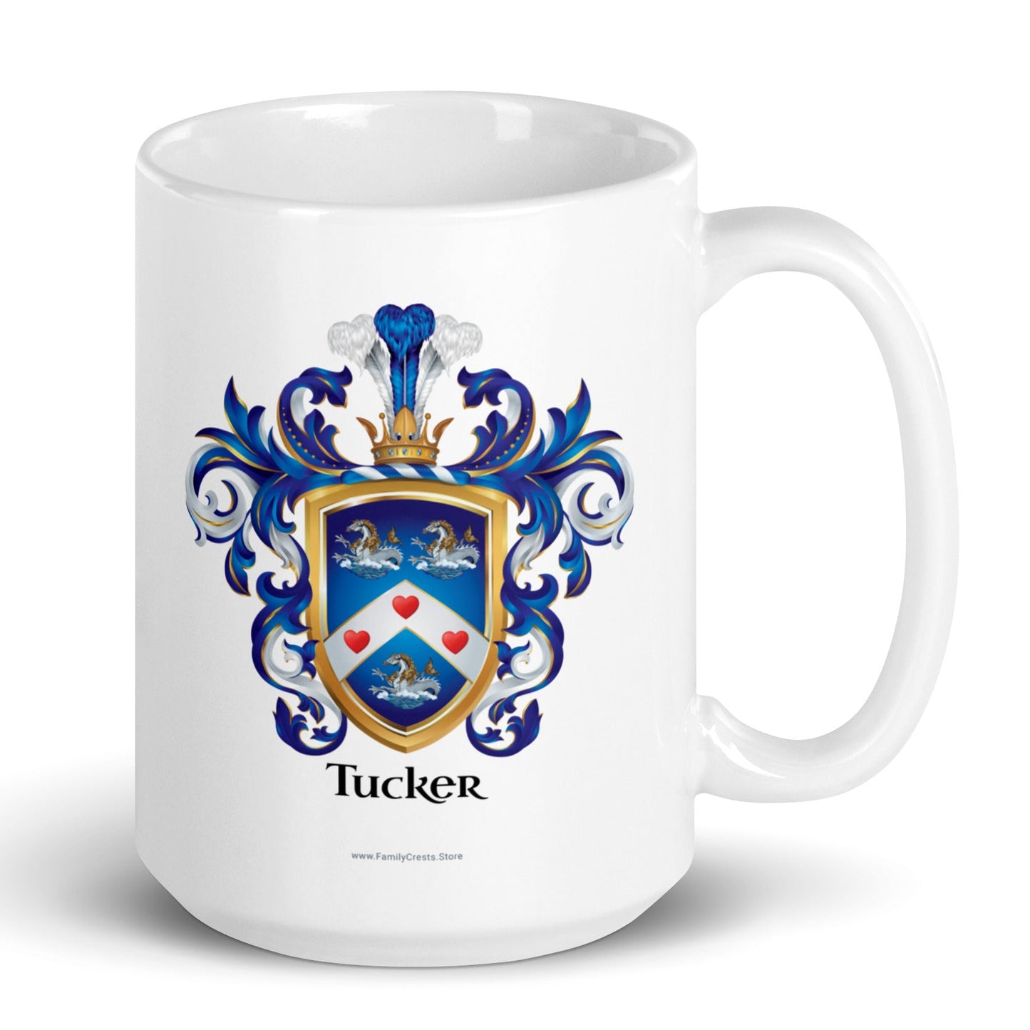 A white mug with the Tucker Family crest
