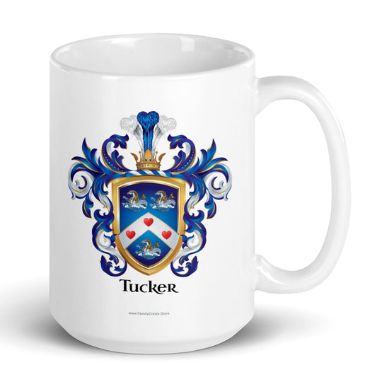 A white mug with the Tucker Family crest