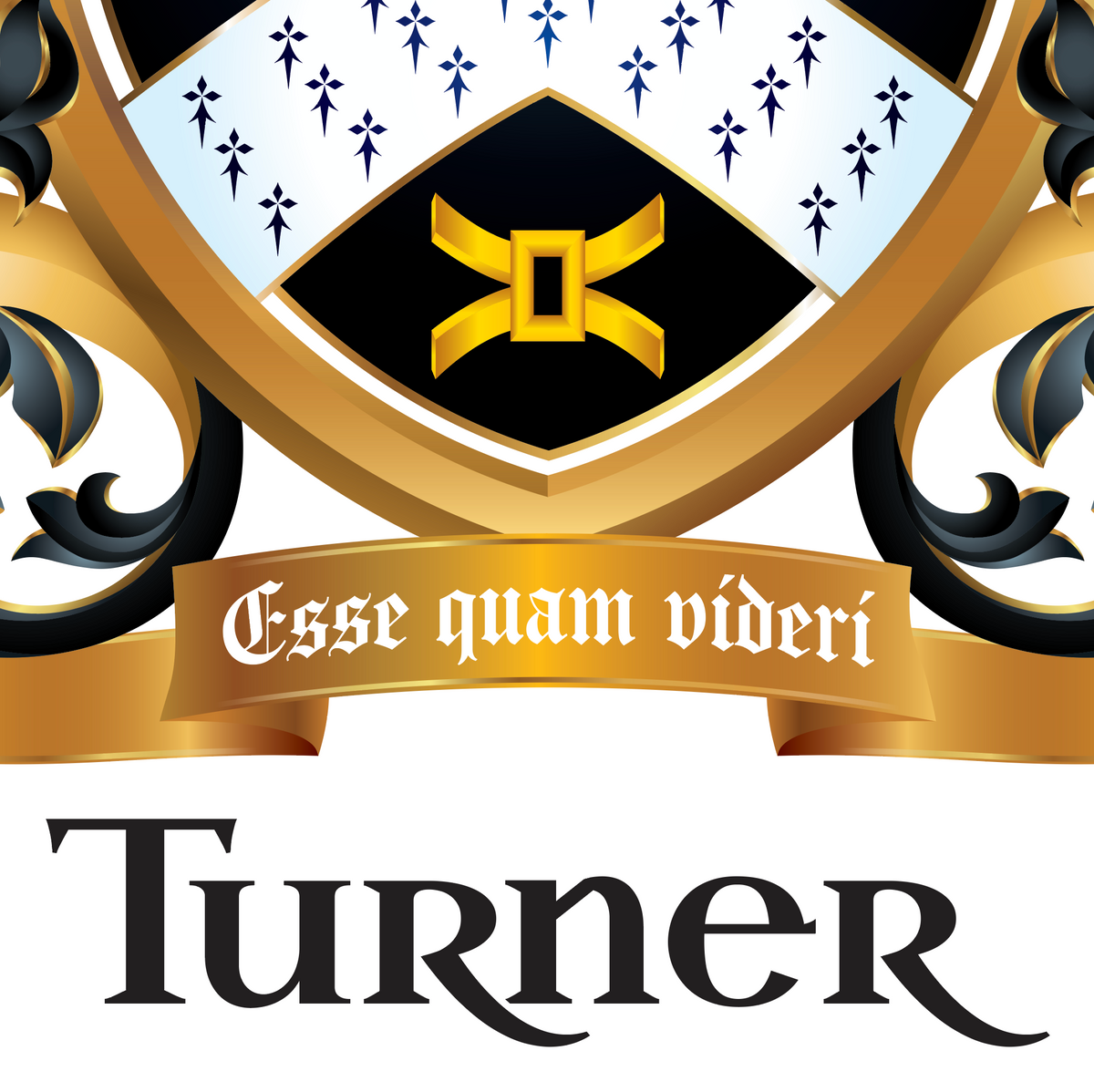 A closeup or the Turner coat of arms with a heraldic crest with a gold shield, black and white sections, blue fleur-de-lis, a gold  motto ribbon reading 'Esse quam videri', and the name 'Turner' in large black serif text below on a white background.