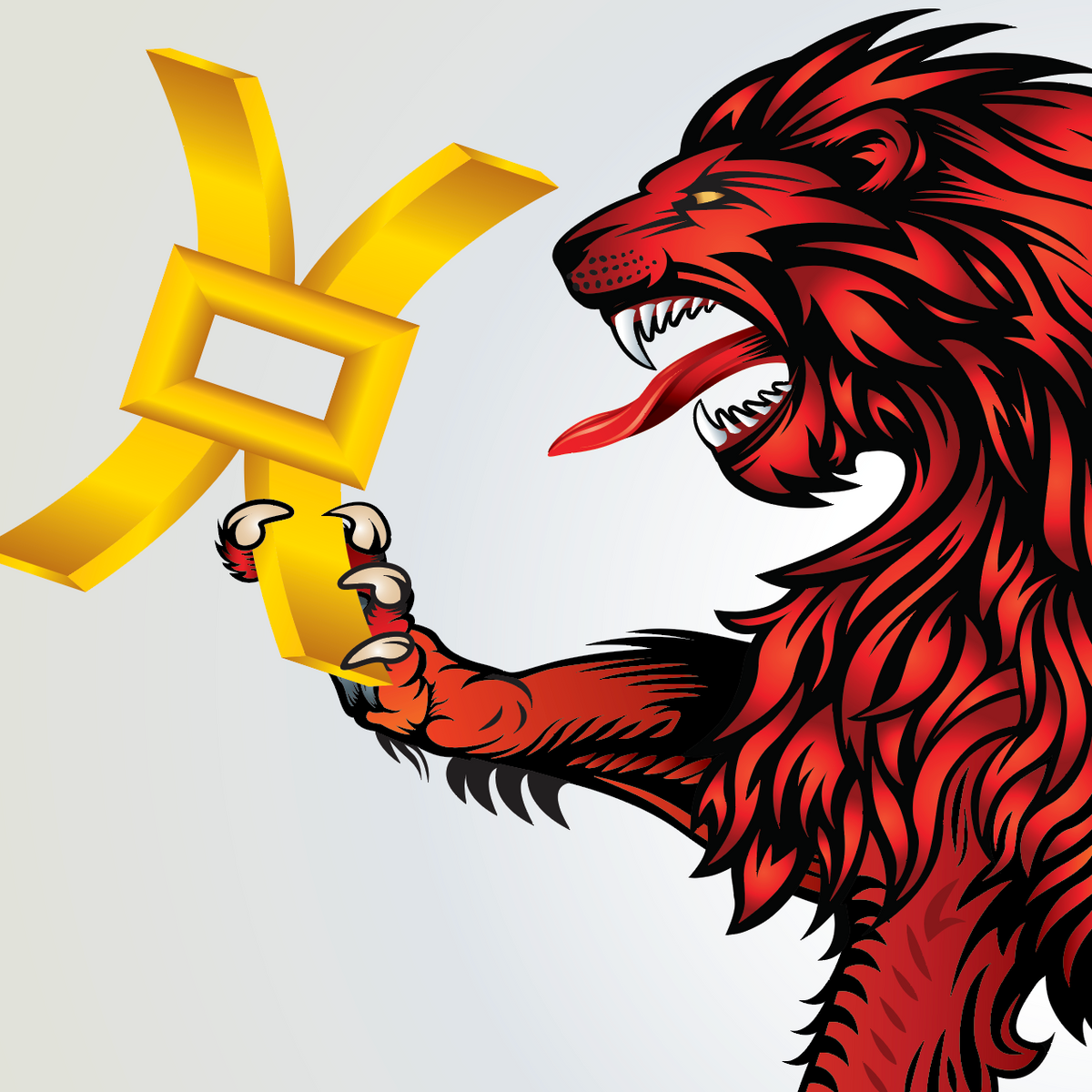 A closeup or the Turner coat of arms of a  red lion roaring holding a  golden millrinds or iron mill-support (fer-de-moline) in it's right paw.