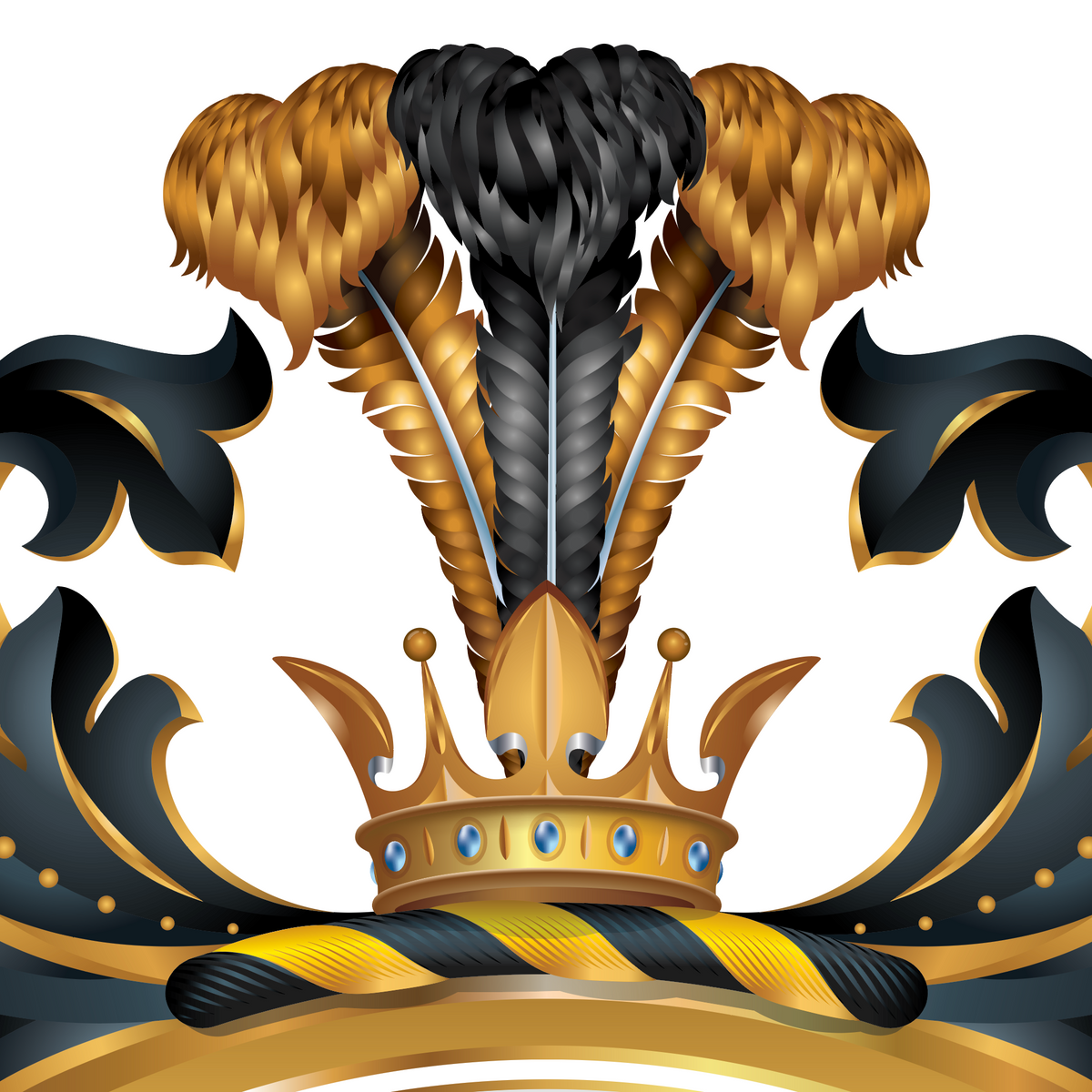 A closeup from the Turner coat of arms  featuring a gold crown adorned with blue gems, topped with three feather plumes in black and gold, flanked by black scrollwork with gold detailing on a white background.